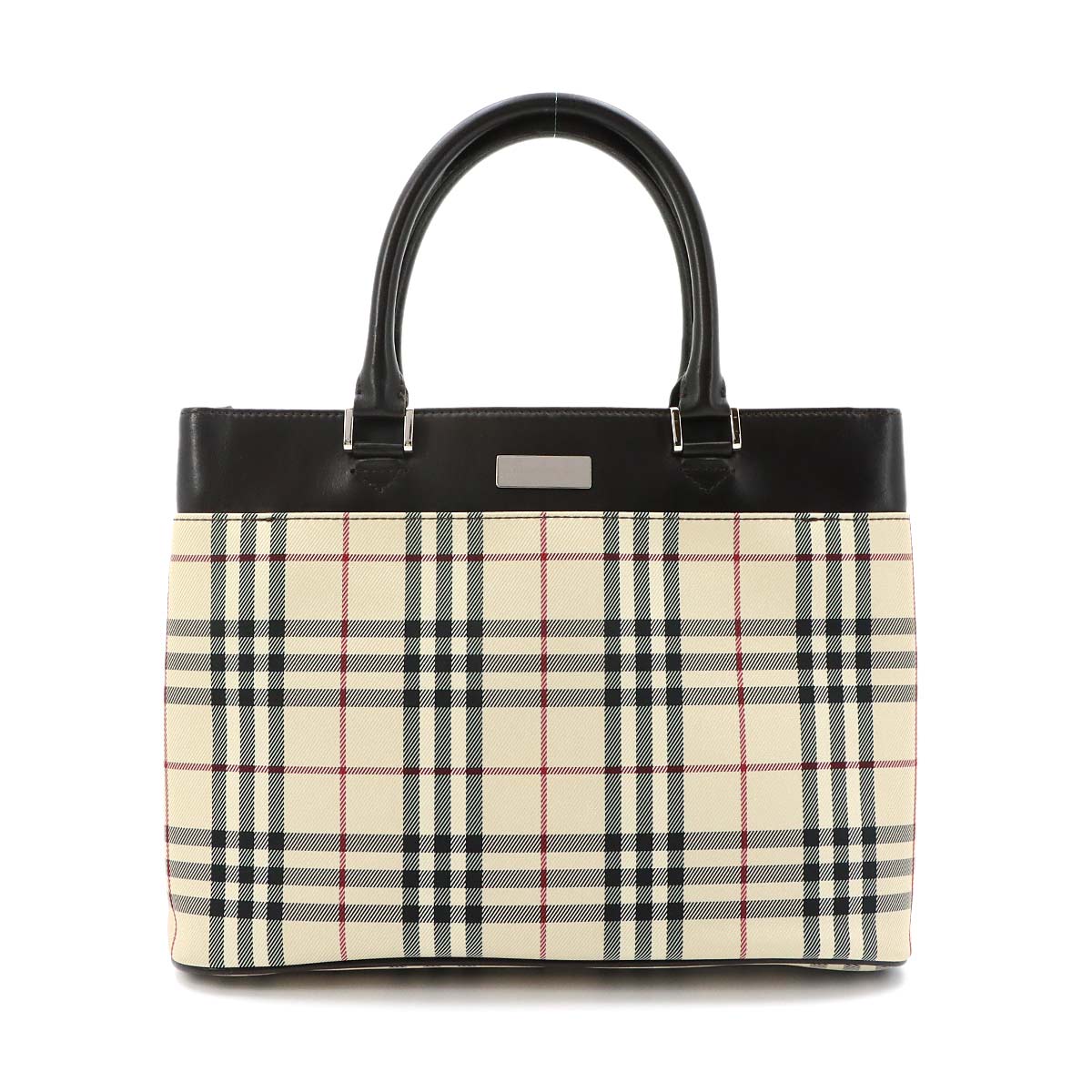 Plaid Hand Bag Canvas Leather Beige Dark brown Purse