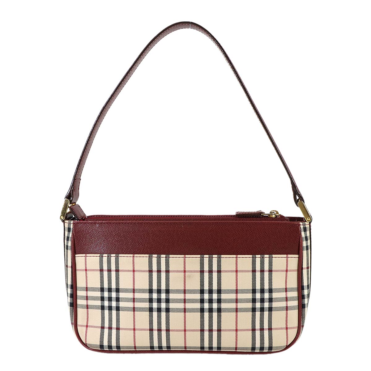 Shoulder Bag Canvas Leather Beige Bordeaux Plaid Purse