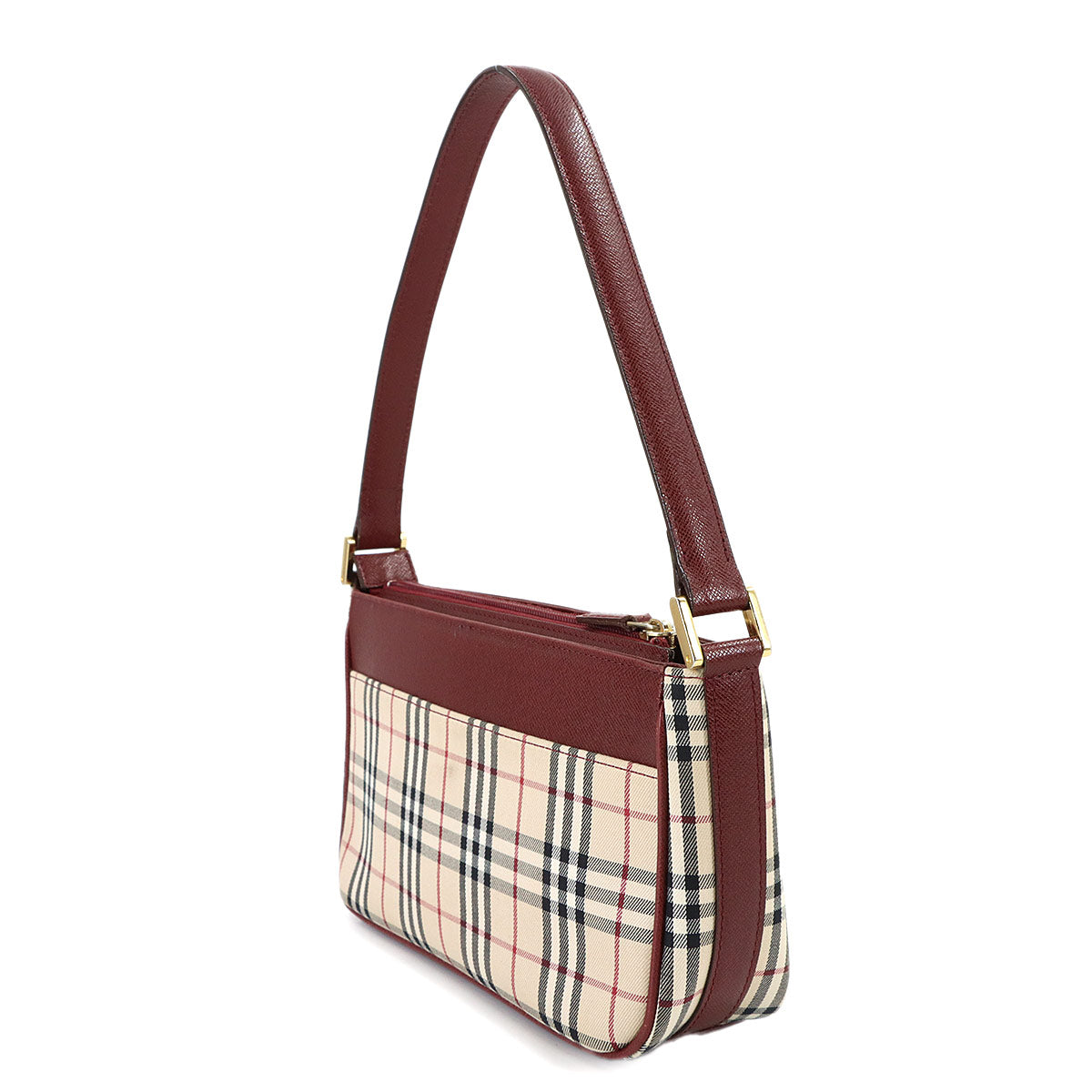 Shoulder Bag Canvas Leather Beige Bordeaux Plaid Purse