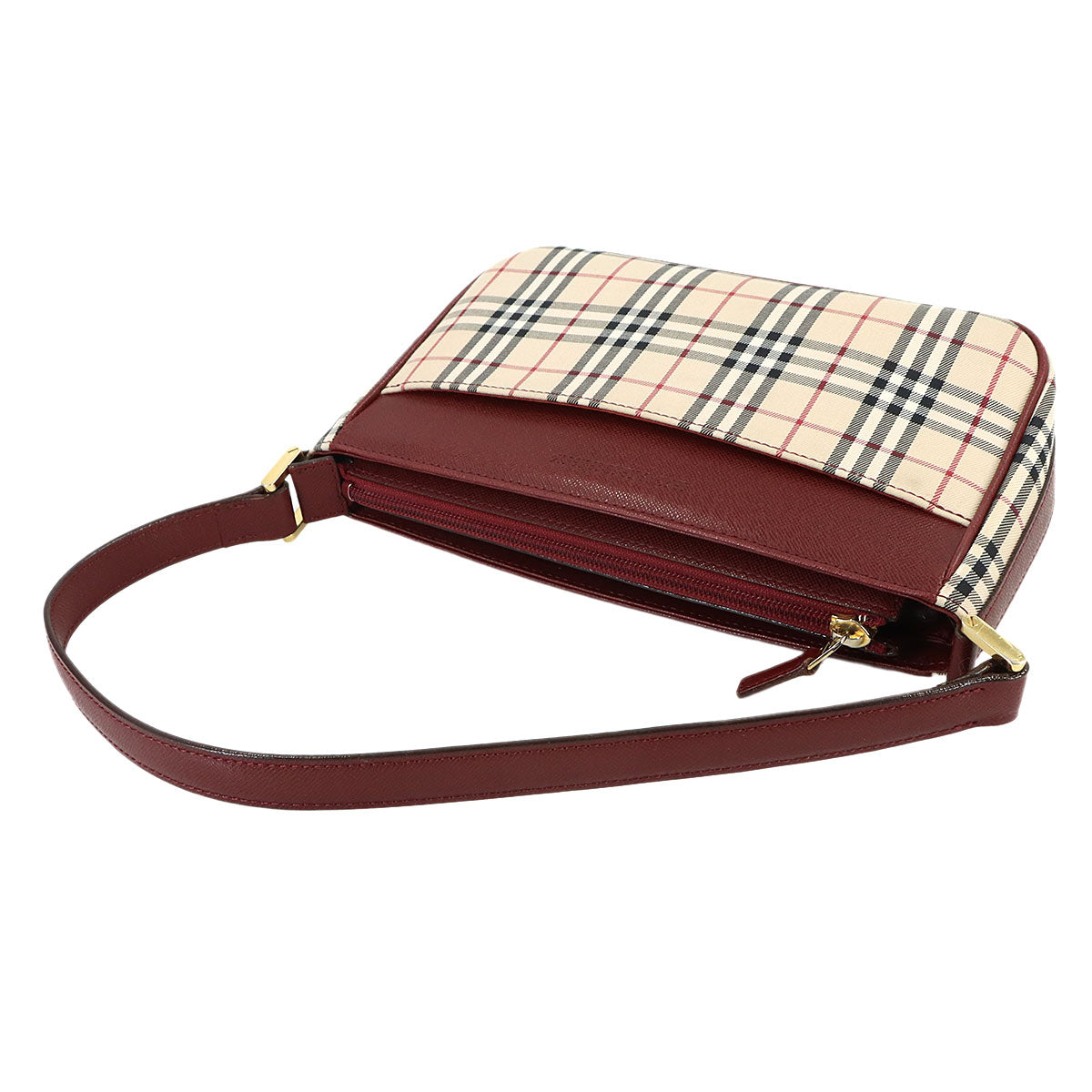 Shoulder Bag Canvas Leather Beige Bordeaux Plaid Purse