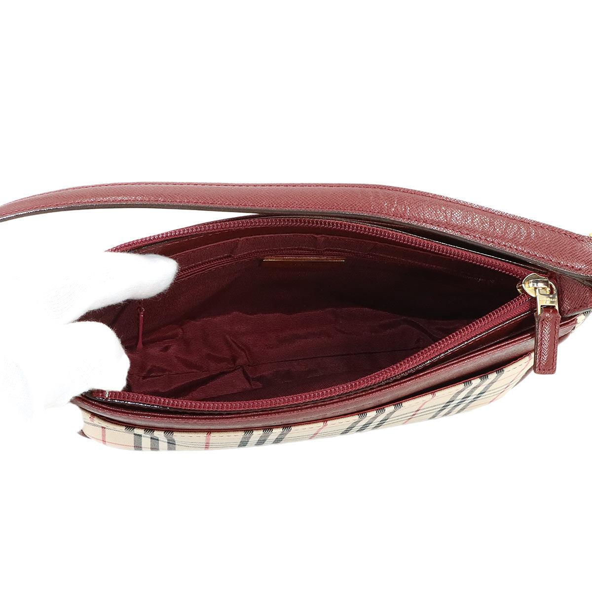 Shoulder Bag Canvas Leather Beige Bordeaux Plaid Purse