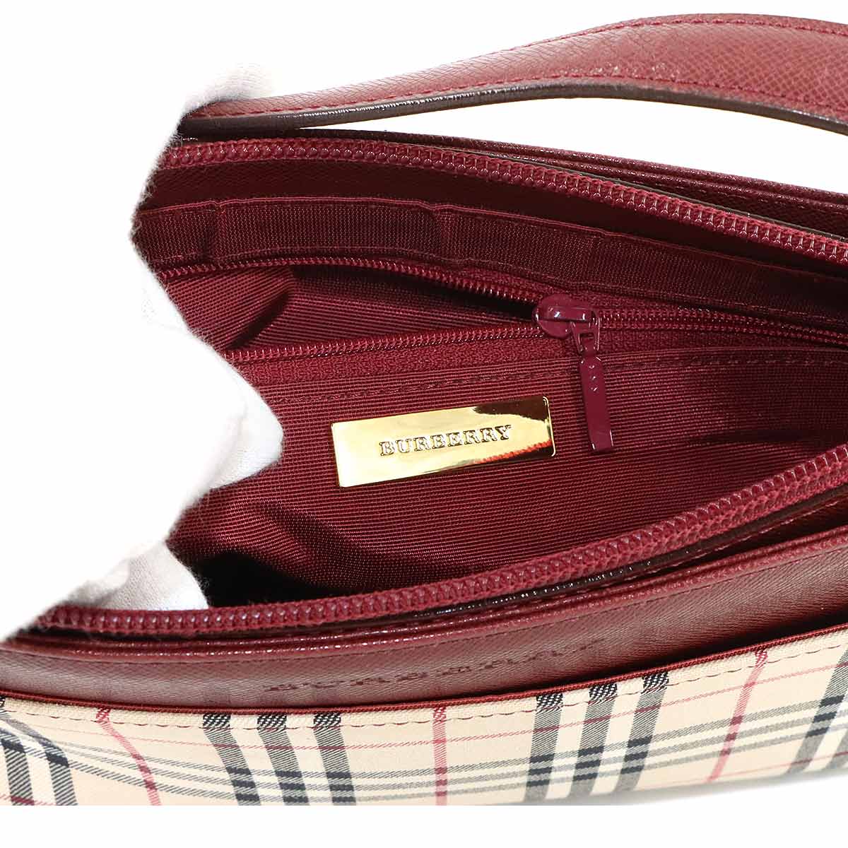 Shoulder Bag Canvas Leather Beige Bordeaux Plaid Purse