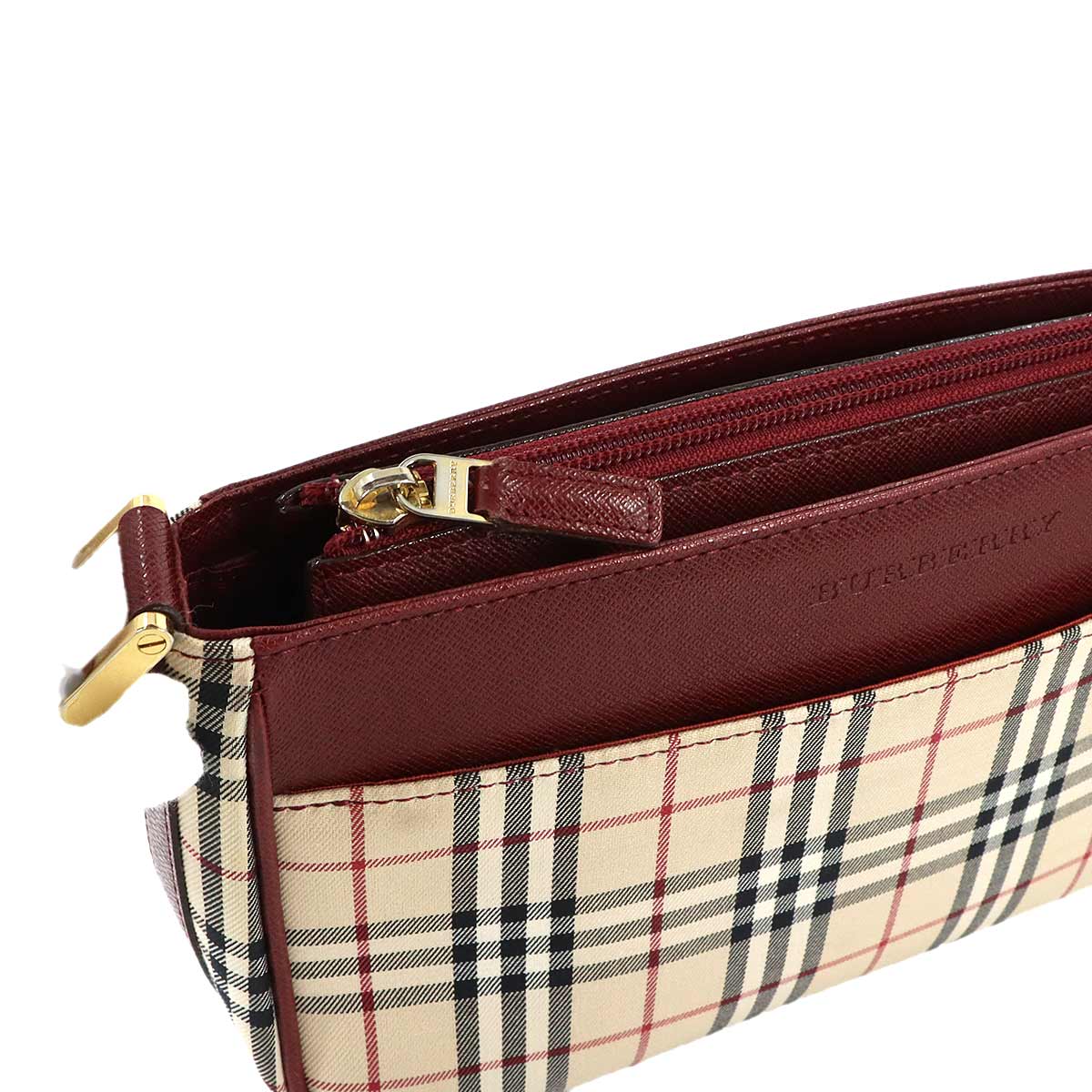 Shoulder Bag Canvas Leather Beige Bordeaux Plaid Purse