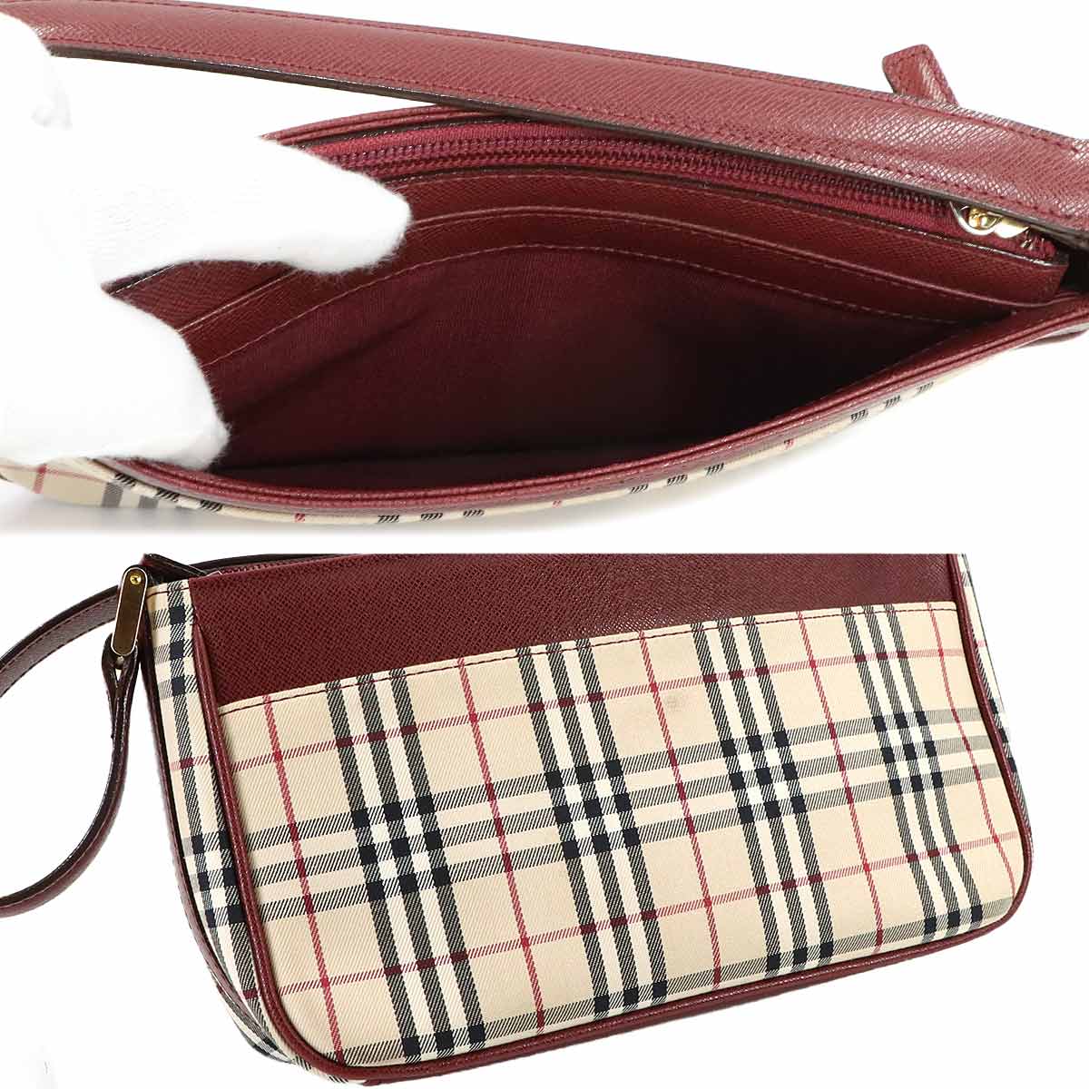 Shoulder Bag Canvas Leather Beige Bordeaux Plaid Purse