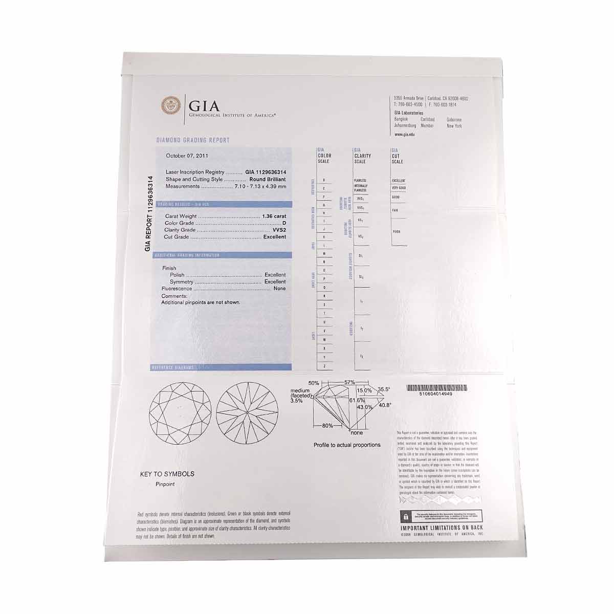 Diamond 1.36ct D/VVS2/3EX Ring Platinum size48 4.5(US)