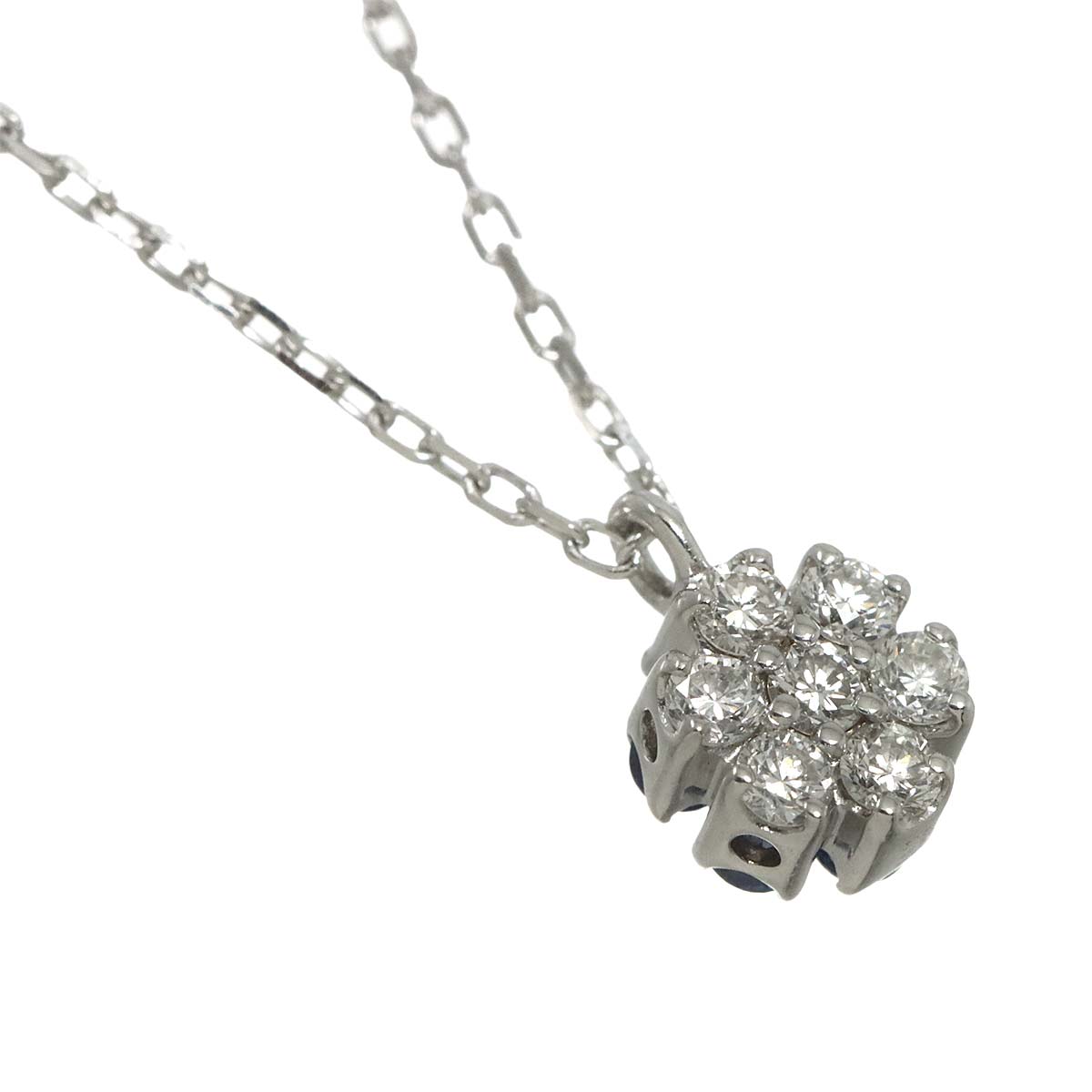 Flower Motif Diamond 0.11ct Sapphire Necklace 18K WG 750