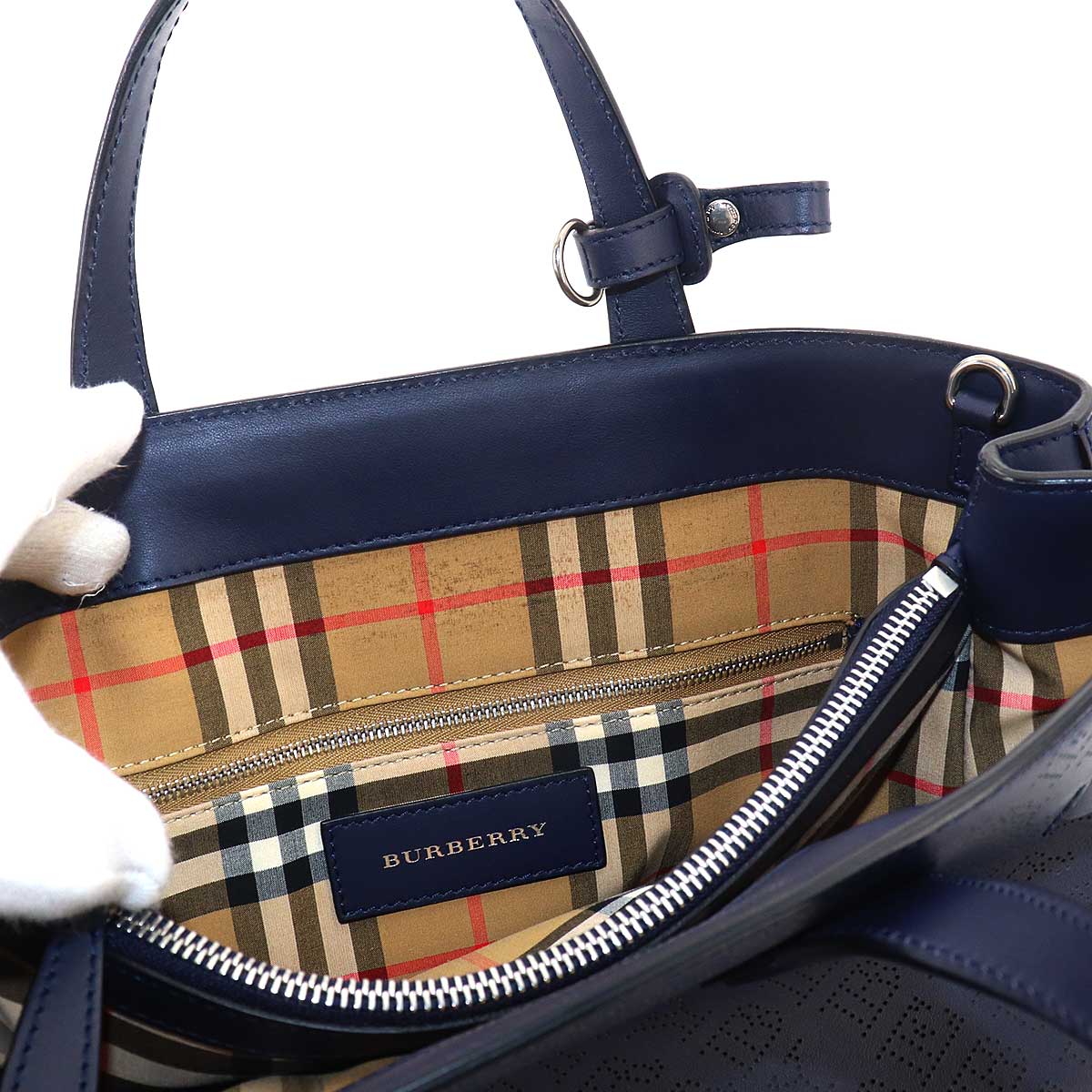 Hand Shoulder Bag Leather Navy Logos