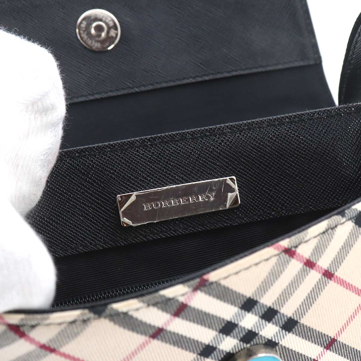 Plaid Shoulder Bag Canvas Leather Beige Black Purse