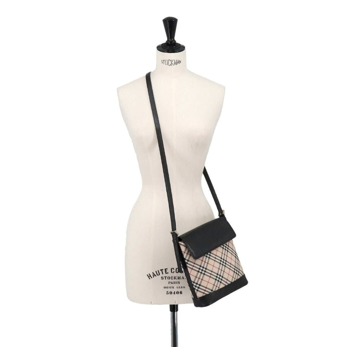 Plaid Shoulder Bag Canvas Leather Beige Black Purse