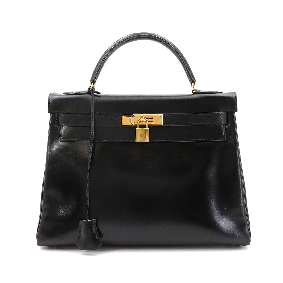 Kelly 32 Box calf Black Hand Shoulder Bag Vintage Purse