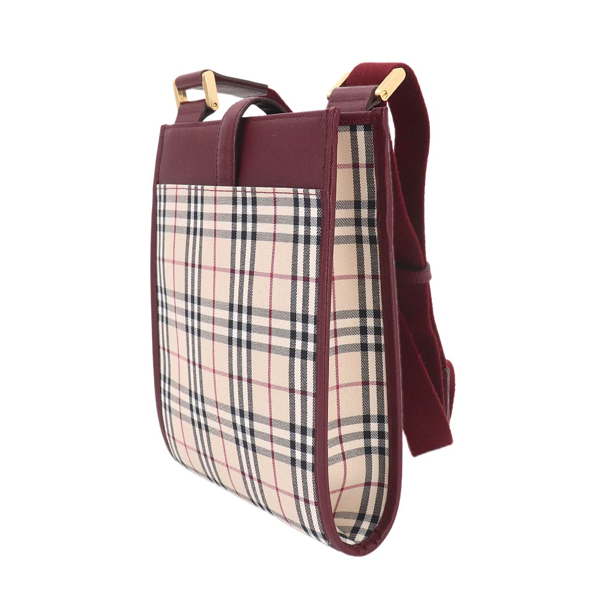Plaid Shoulder Bag Canvas Leather Beige Bordeaux Purse