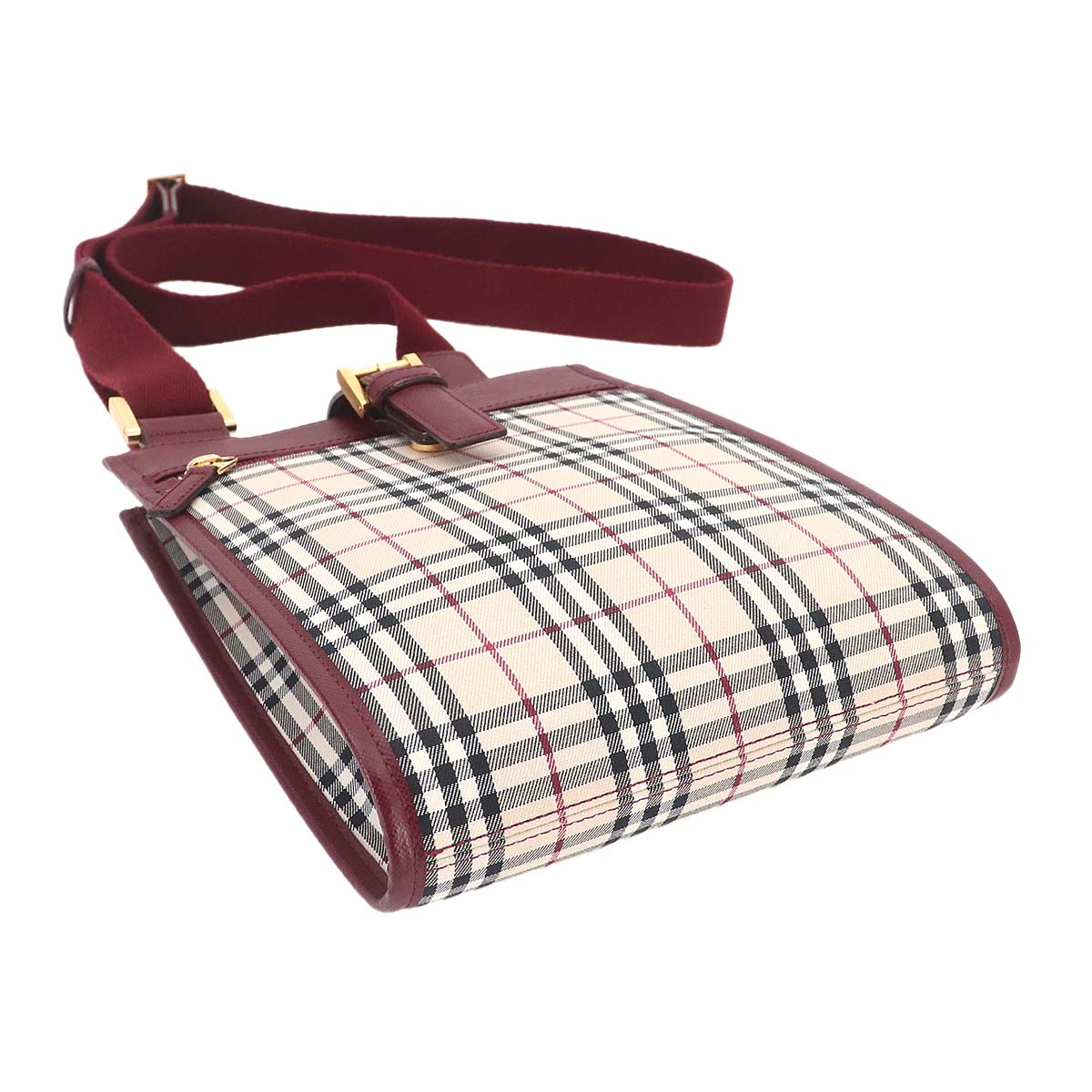 Plaid Shoulder Bag Canvas Leather Beige Bordeaux Purse