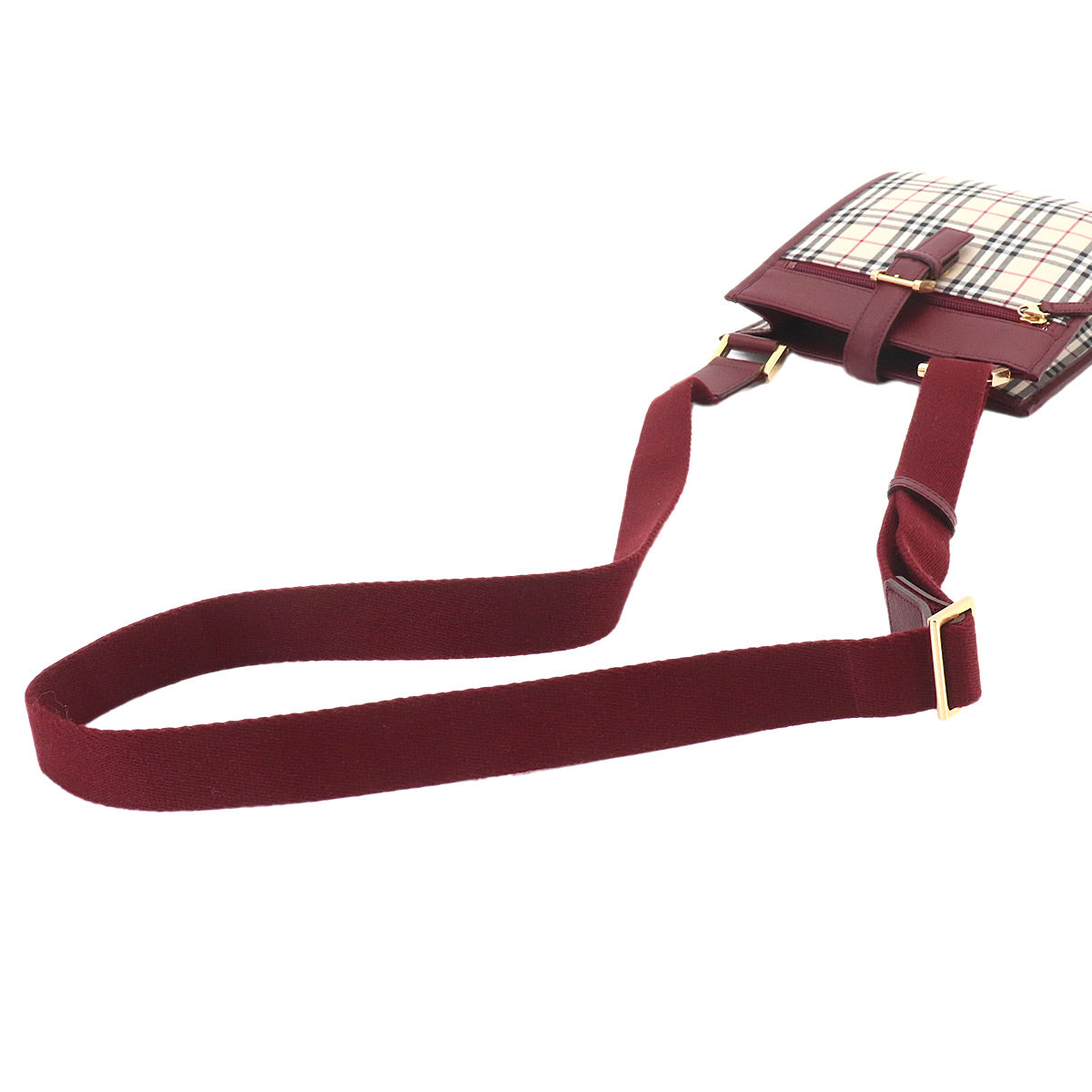 Plaid Shoulder Bag Canvas Leather Beige Bordeaux Purse