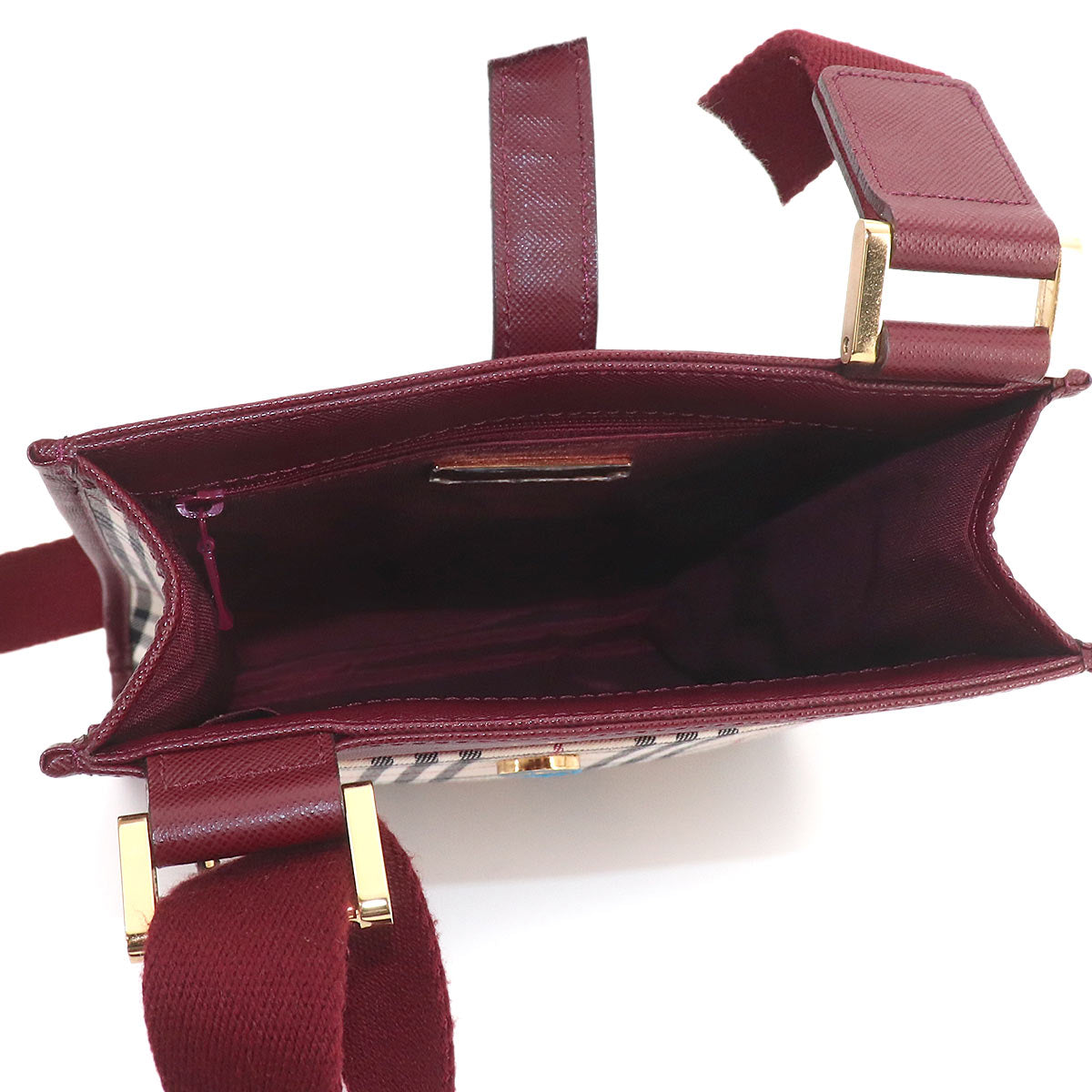 Plaid Shoulder Bag Canvas Leather Beige Bordeaux Purse