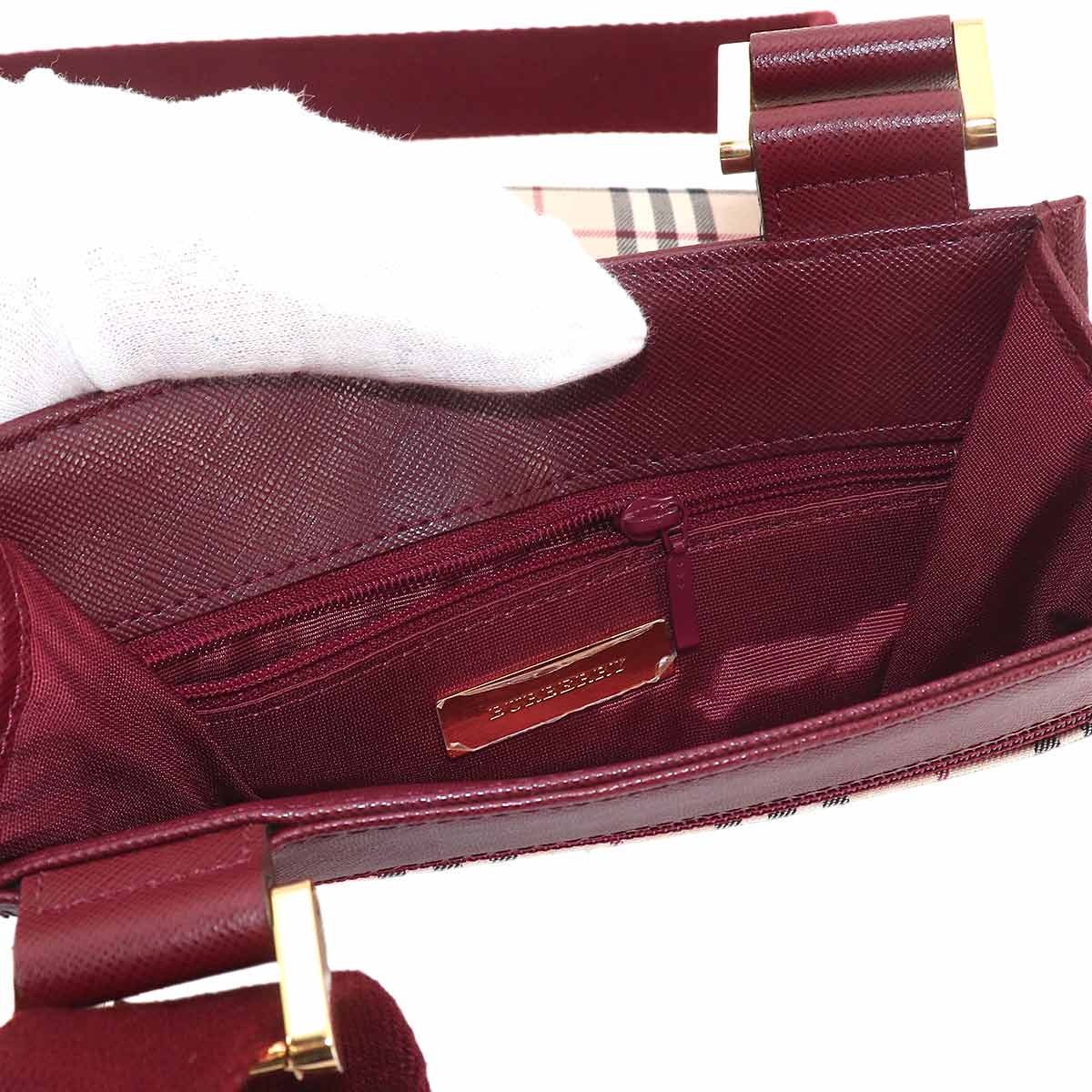 Plaid Shoulder Bag Canvas Leather Beige Bordeaux Purse