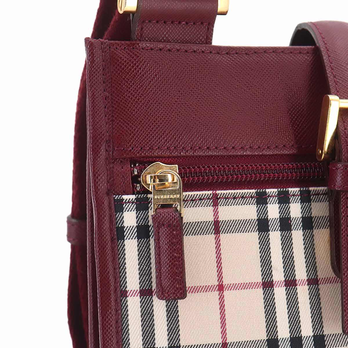 Plaid Shoulder Bag Canvas Leather Beige Bordeaux Purse
