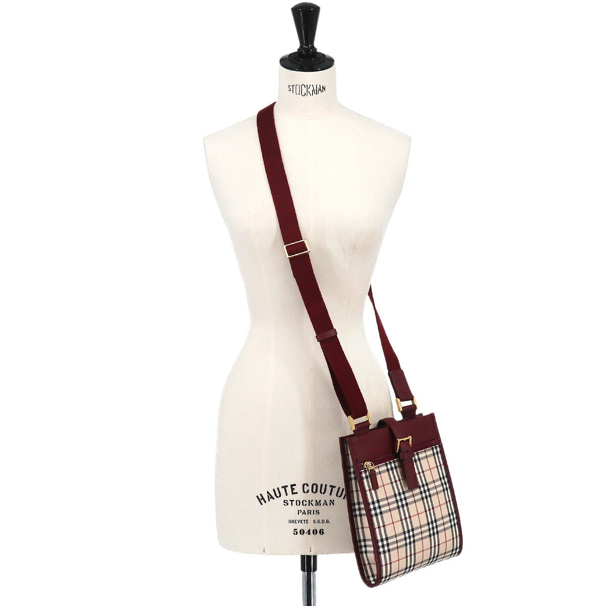 Plaid Shoulder Bag Canvas Leather Beige Bordeaux Purse