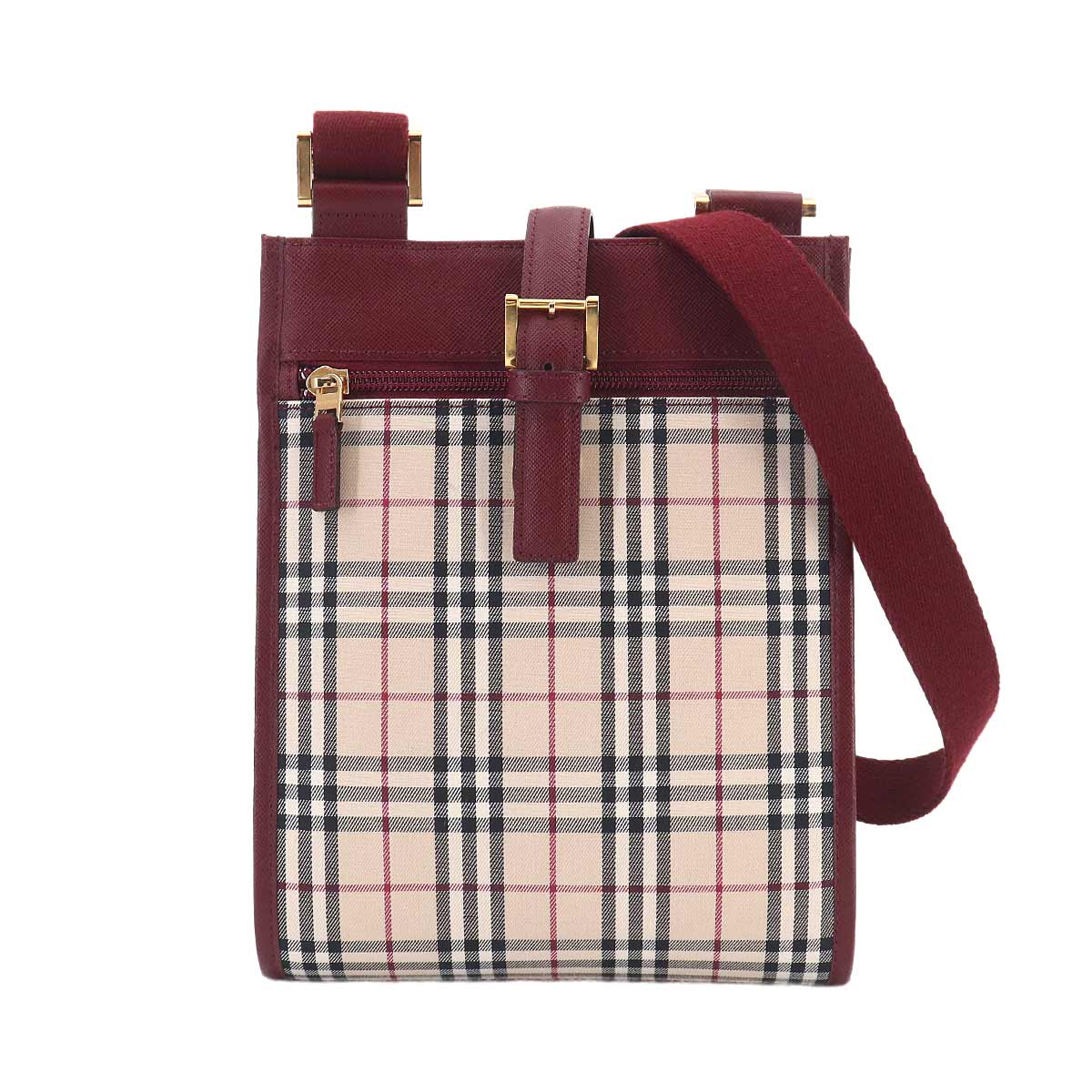 Plaid Shoulder Bag Canvas Leather Beige Bordeaux Purse