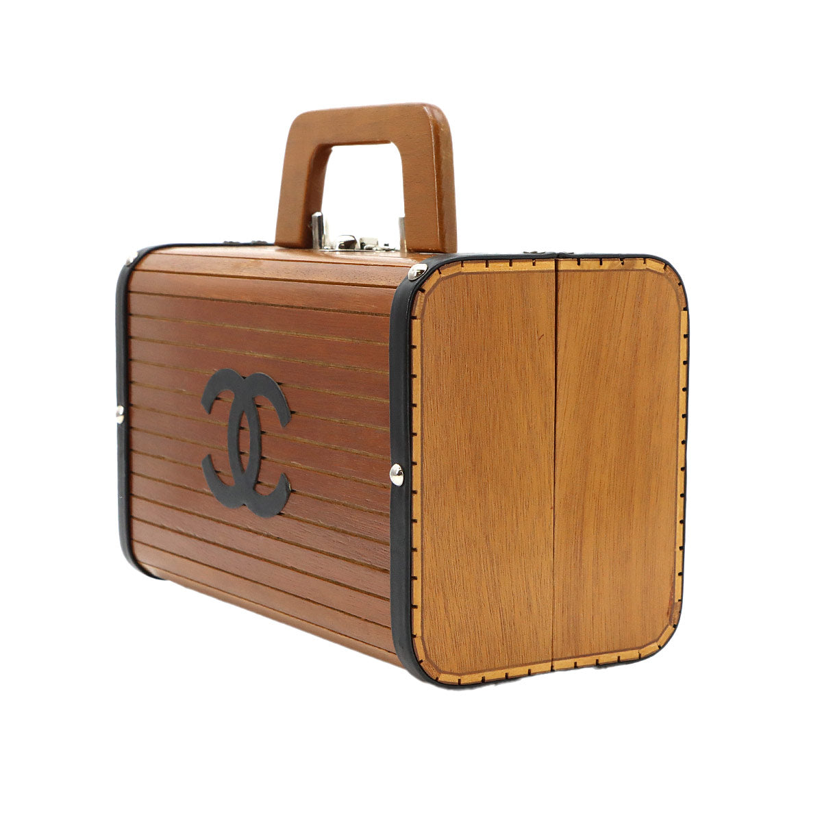 Wood Vanity Hand Bag Leather Brown Black CC Purse