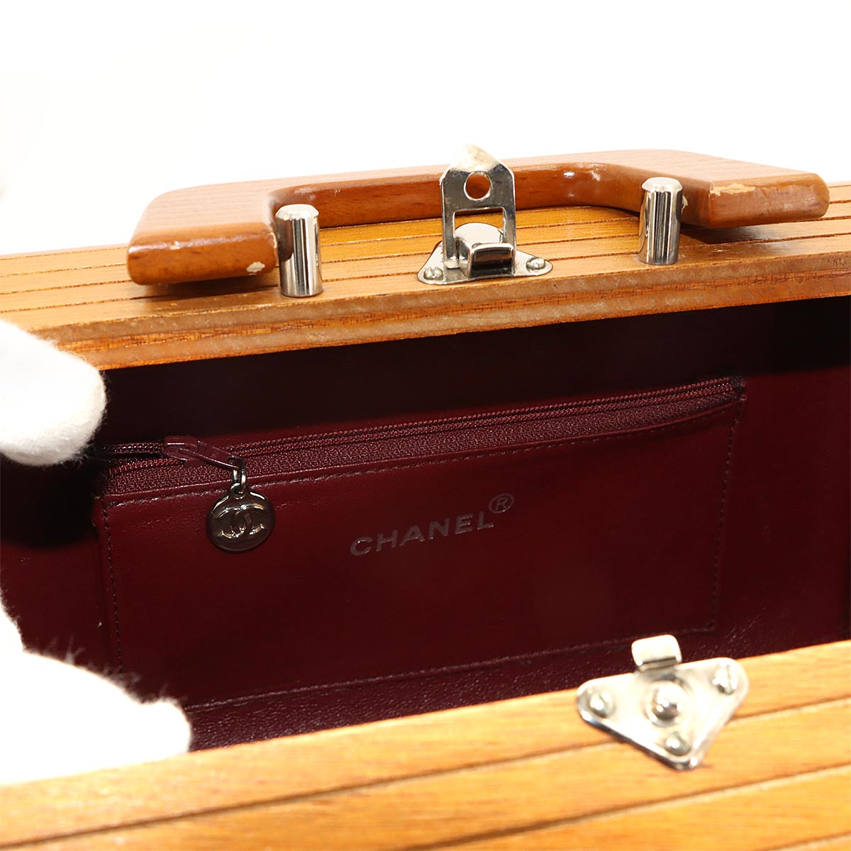 Wood Vanity Hand Bag Leather Brown Black CC Purse