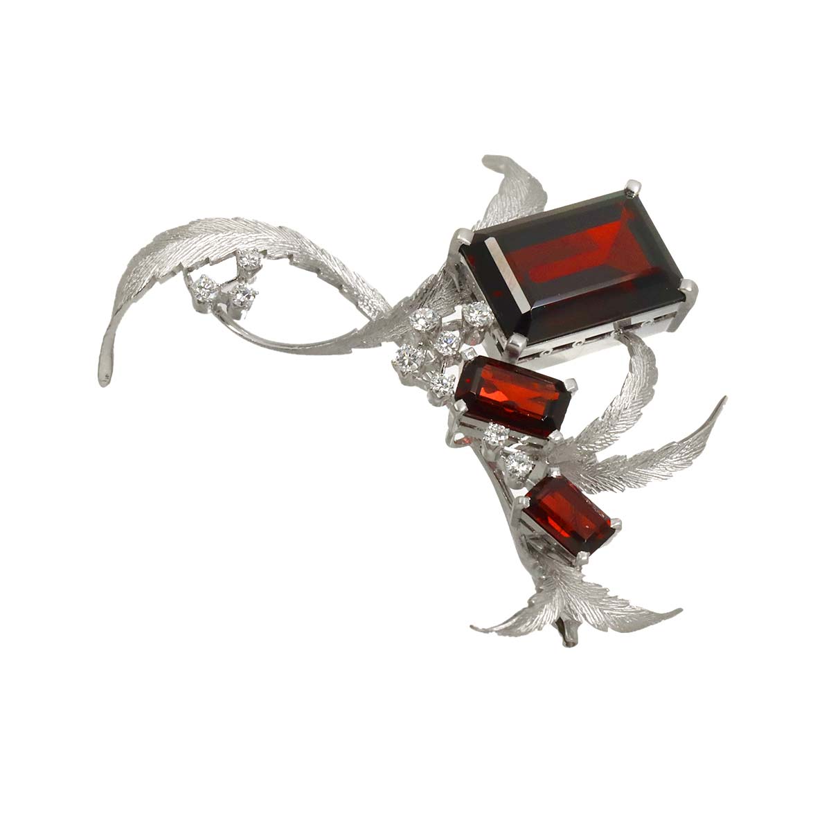 Garnet Diamond Brooch 14K White Gold 585