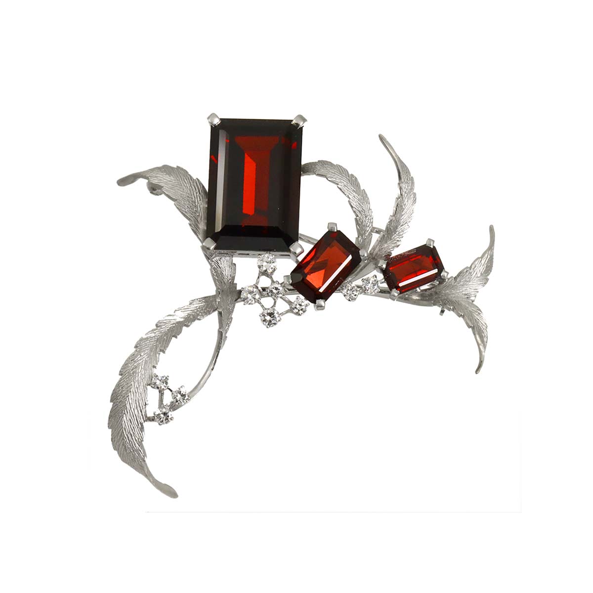Garnet Diamond Brooch 14K White Gold 585