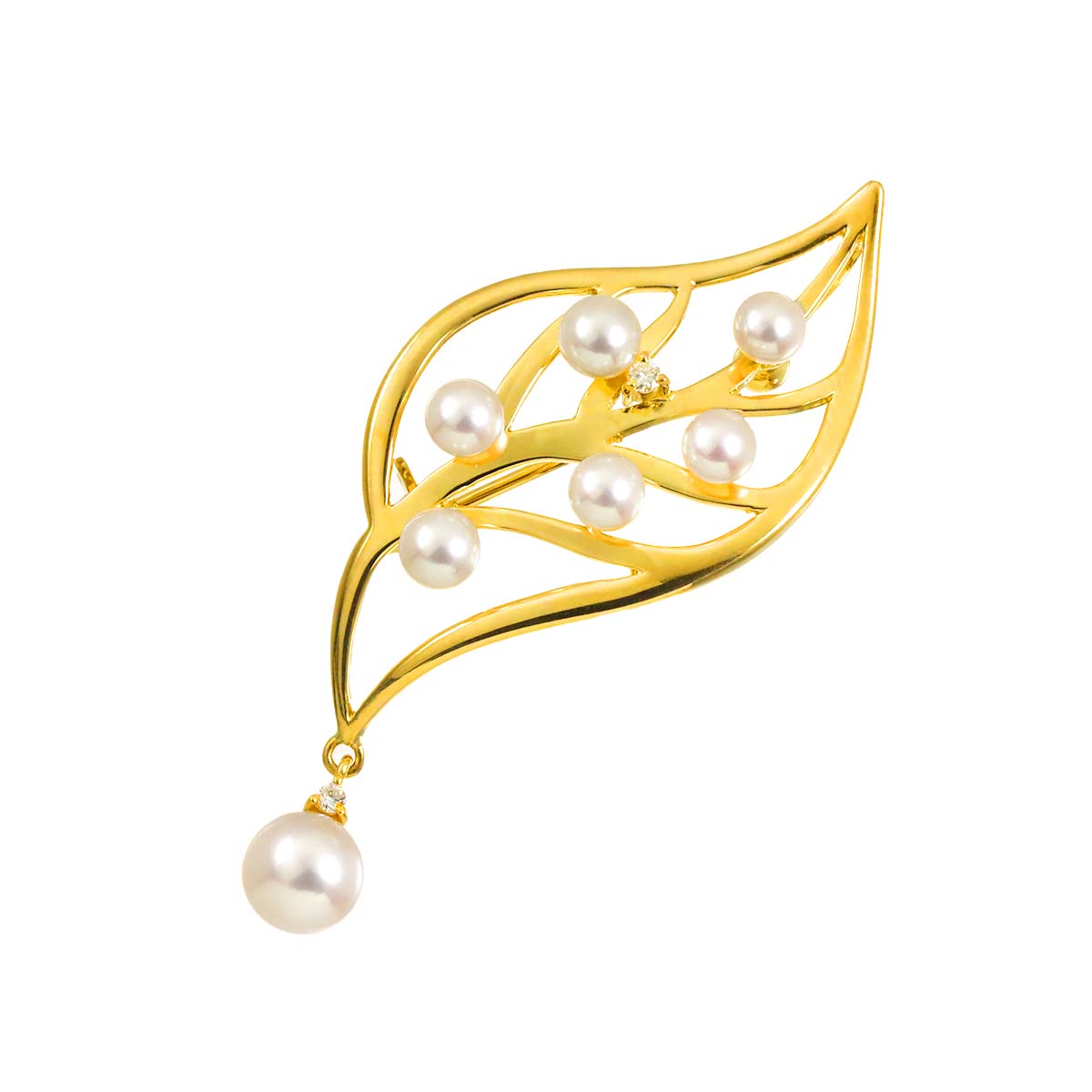Akoya pearl 6.4-3.7mm Diamond Brooch 18K Yellow Gold 750
