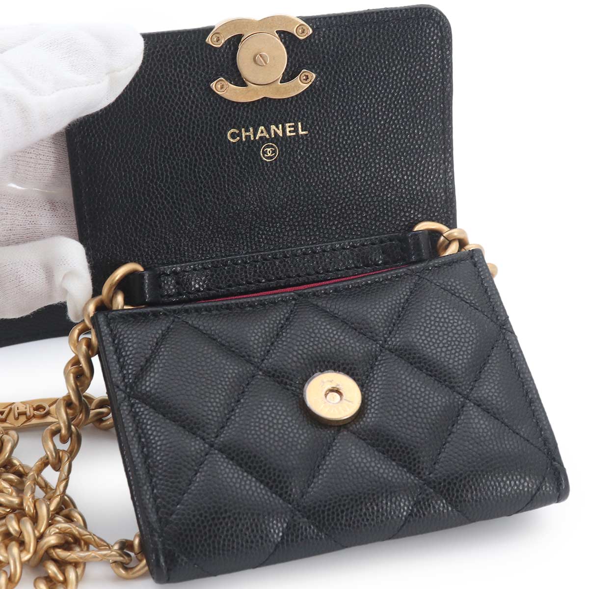Matelasse Bracelet On Chain Shoulder Card Case Leather Black