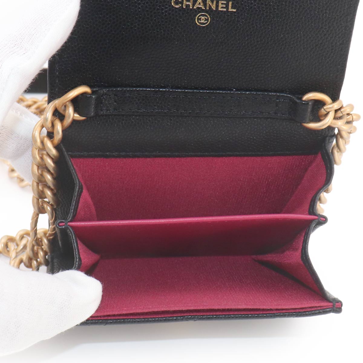 Matelasse Bracelet On Chain Shoulder Card Case Leather Black