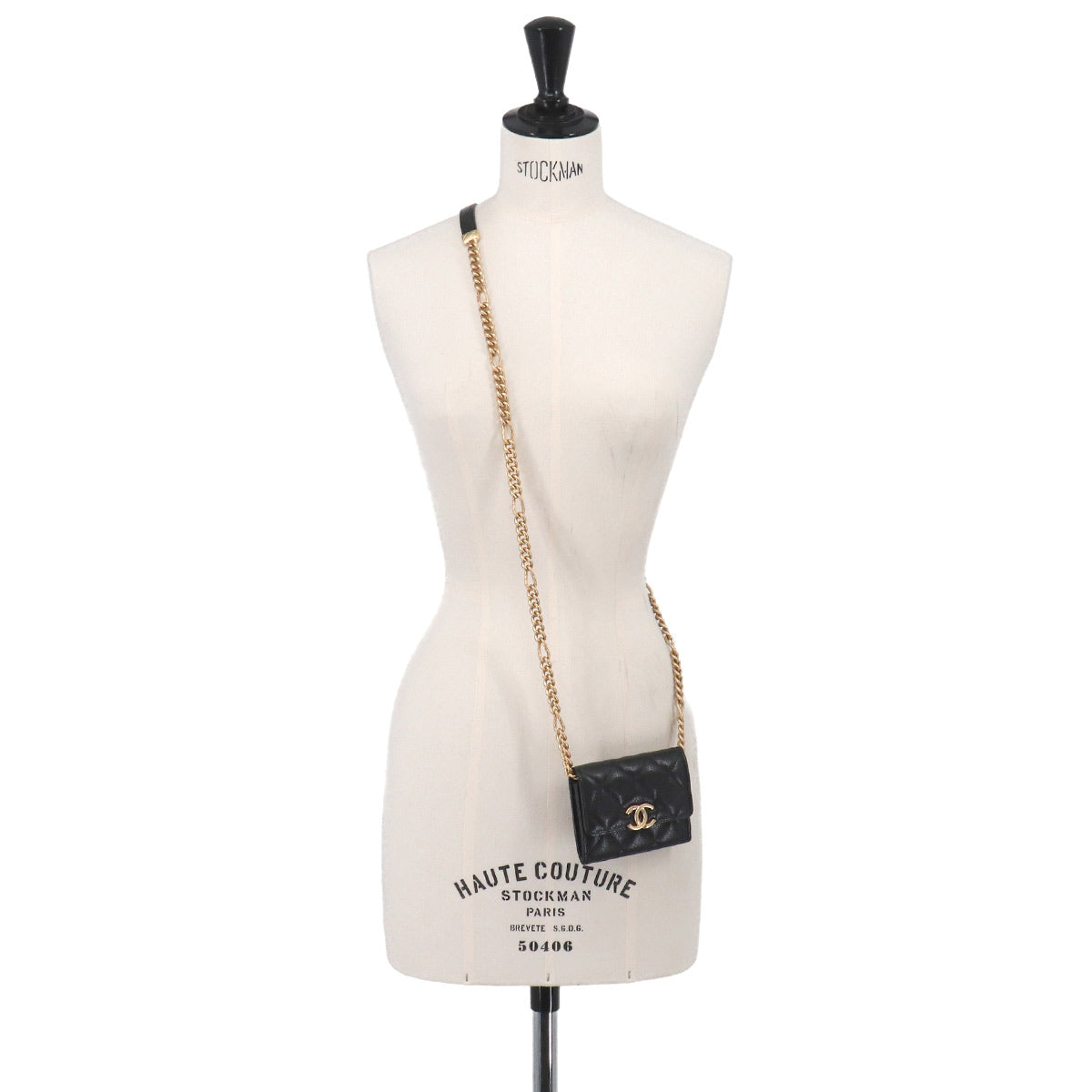 Matelasse Bracelet On Chain Shoulder Card Case Leather Black