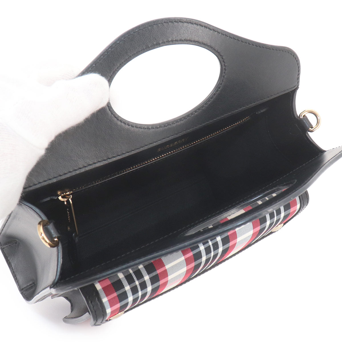 Check Mini Pocket Bag Hand Shoulder Bag Leather Nylon Black