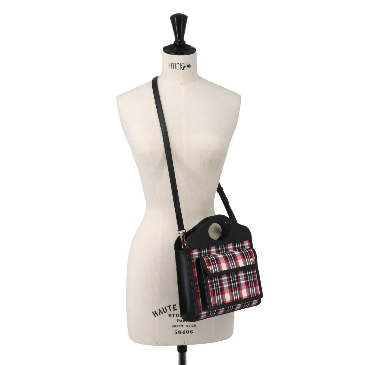 Check Mini Pocket Bag Hand Shoulder Bag Leather Nylon Black
