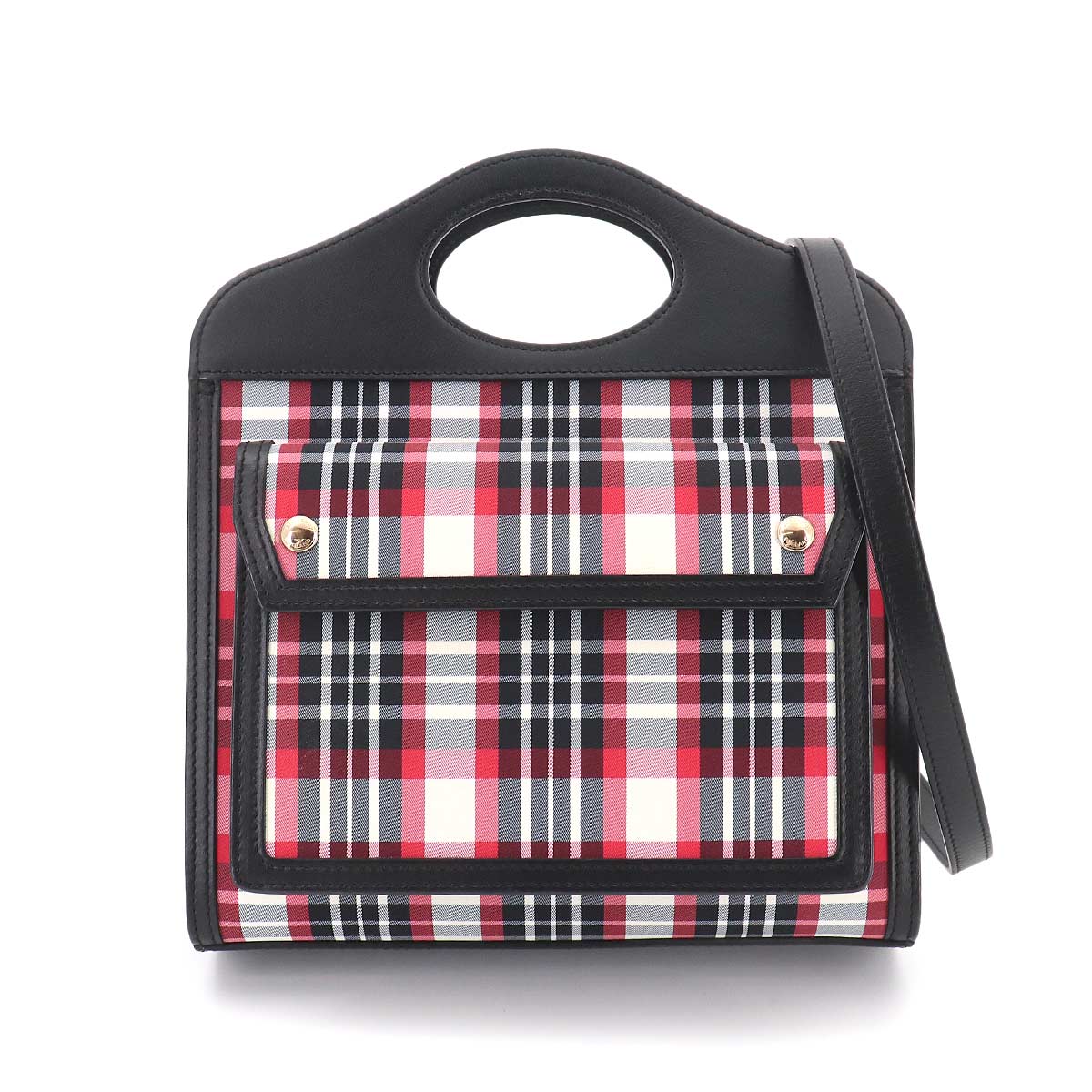 Check Mini Pocket Bag Hand Shoulder Bag Leather Nylon Black