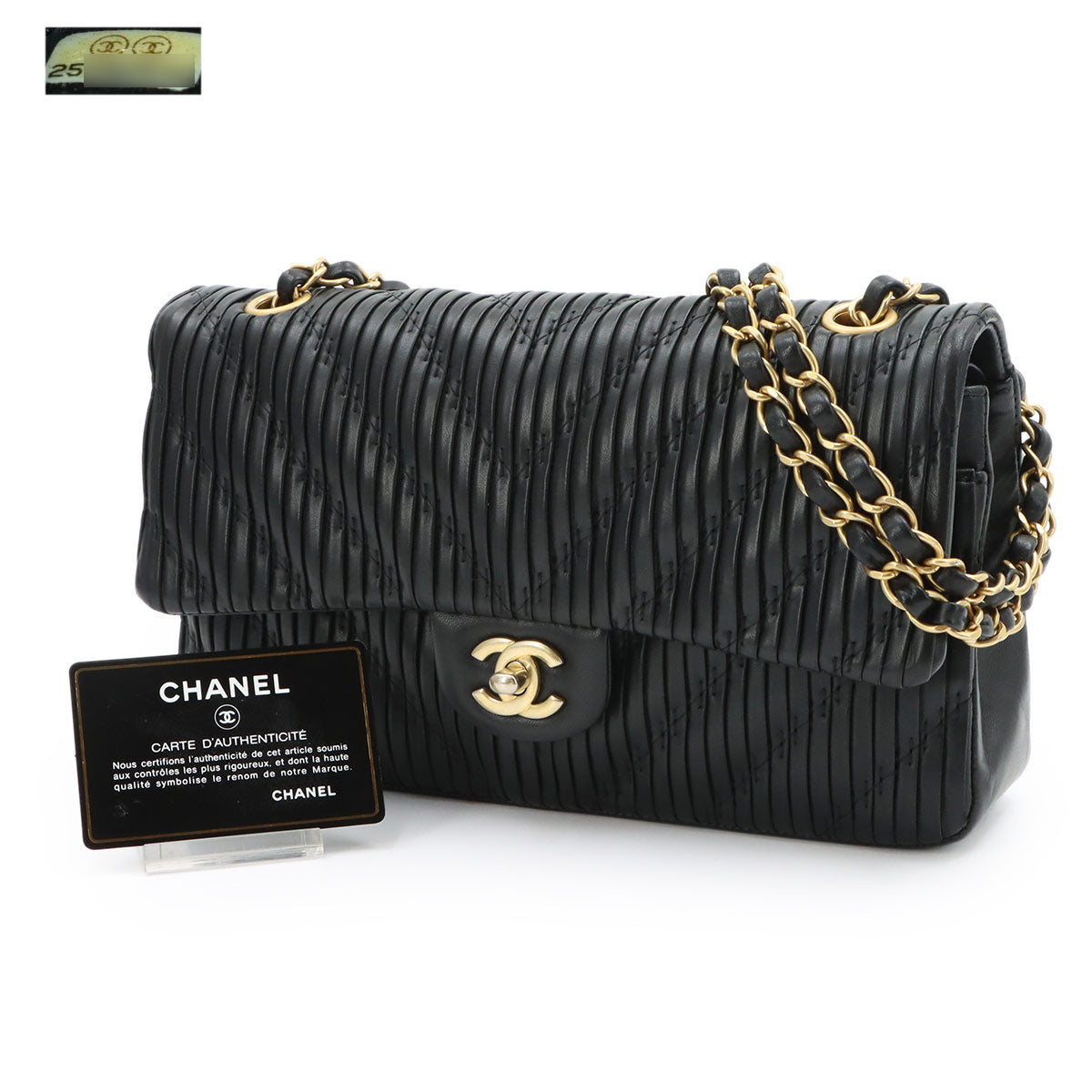 Chevron V Stitch Chain Shoulder Bag Leather Black Purse