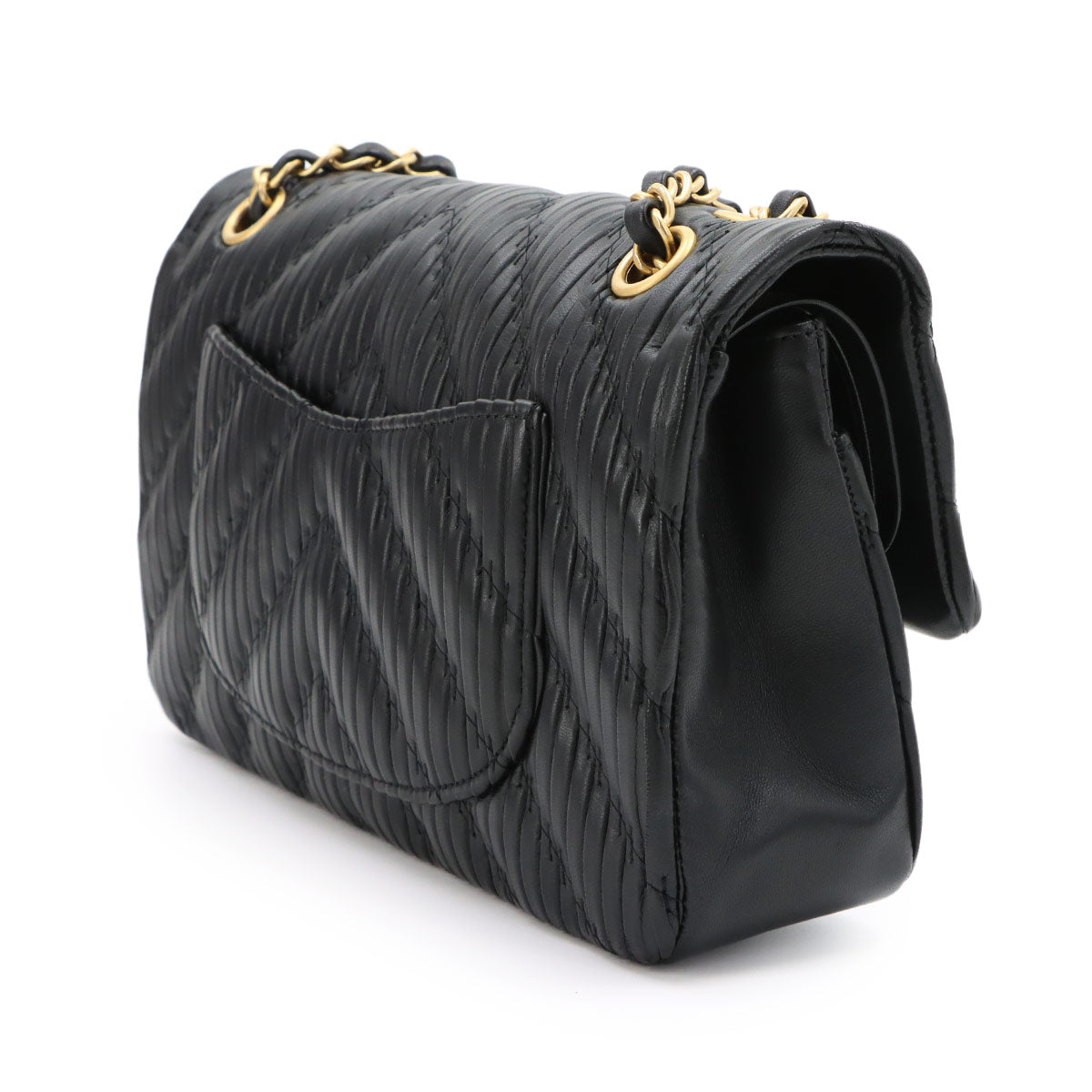 Chevron V Stitch Chain Shoulder Bag Leather Black Purse
