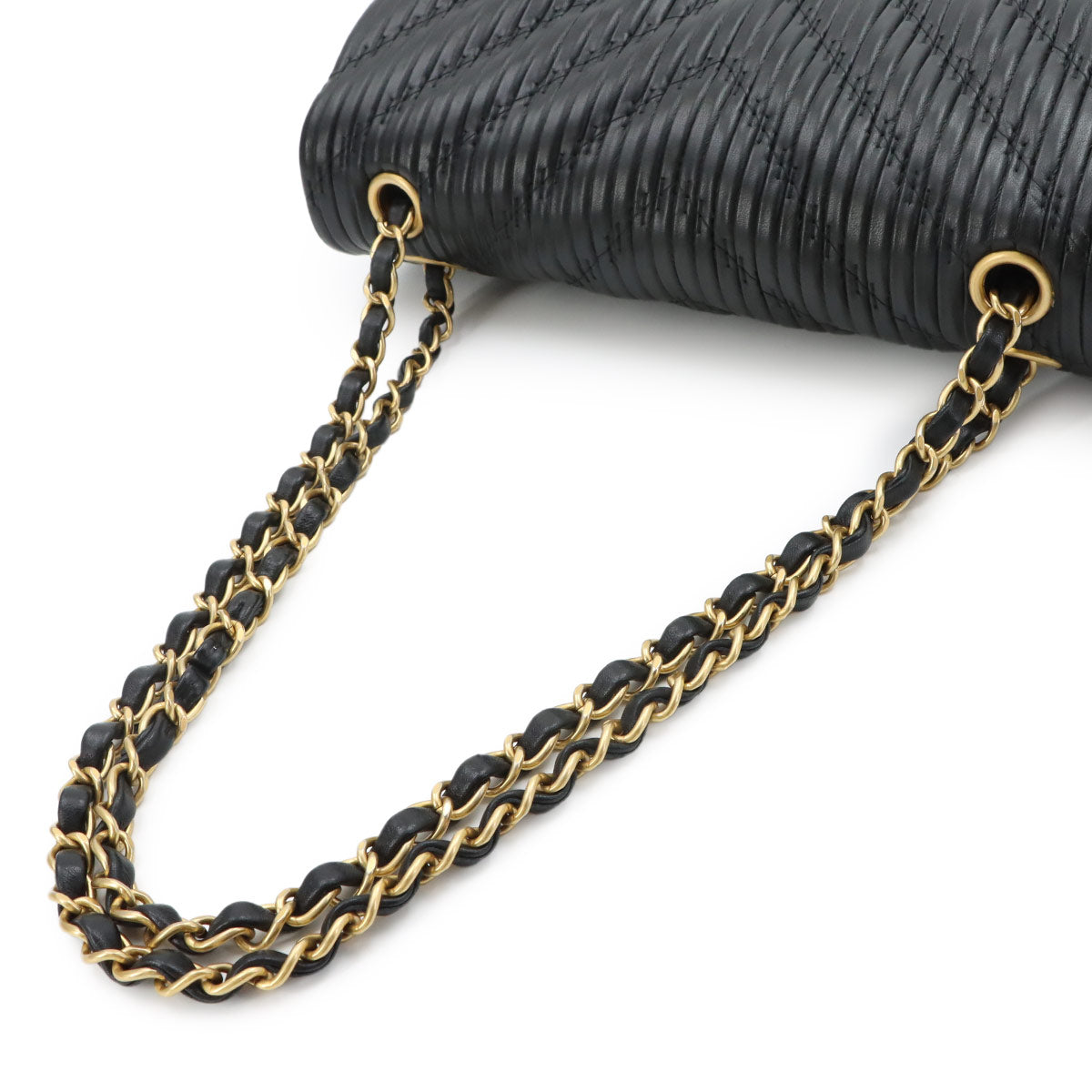 Chevron V Stitch Chain Shoulder Bag Leather Black Purse