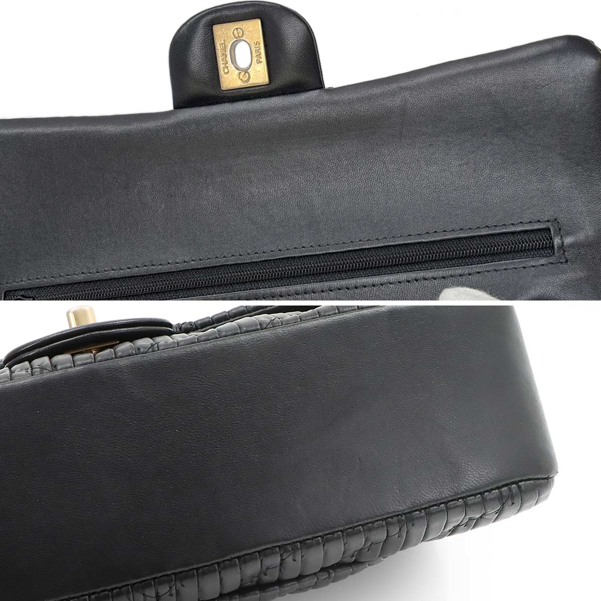 Chevron V Stitch Chain Shoulder Bag Leather Black Purse