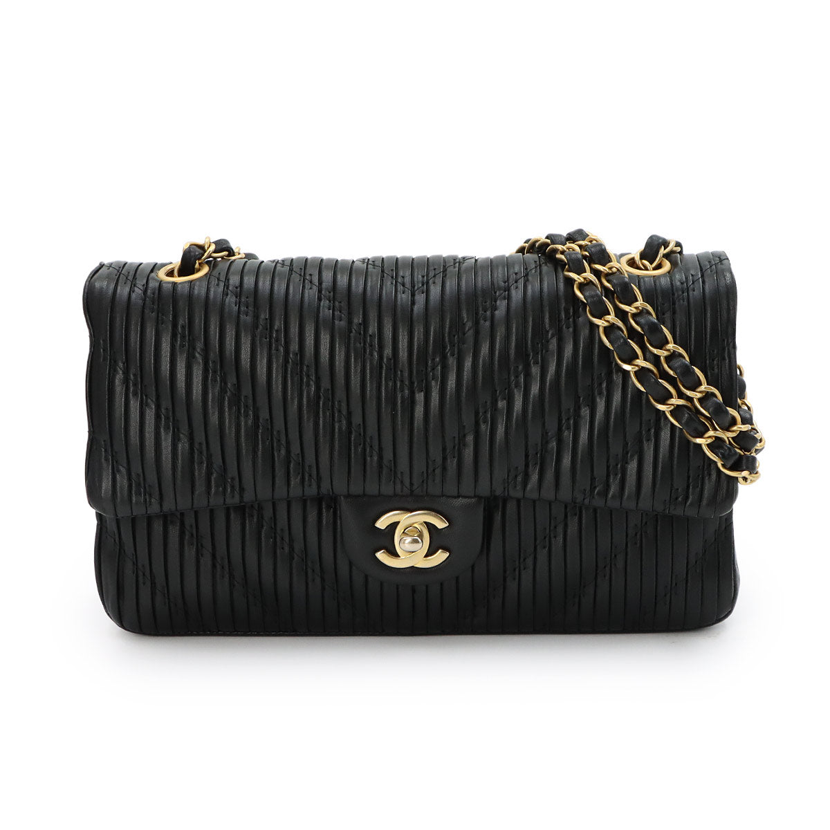 Chevron V Stitch Chain Shoulder Bag Leather Black Purse