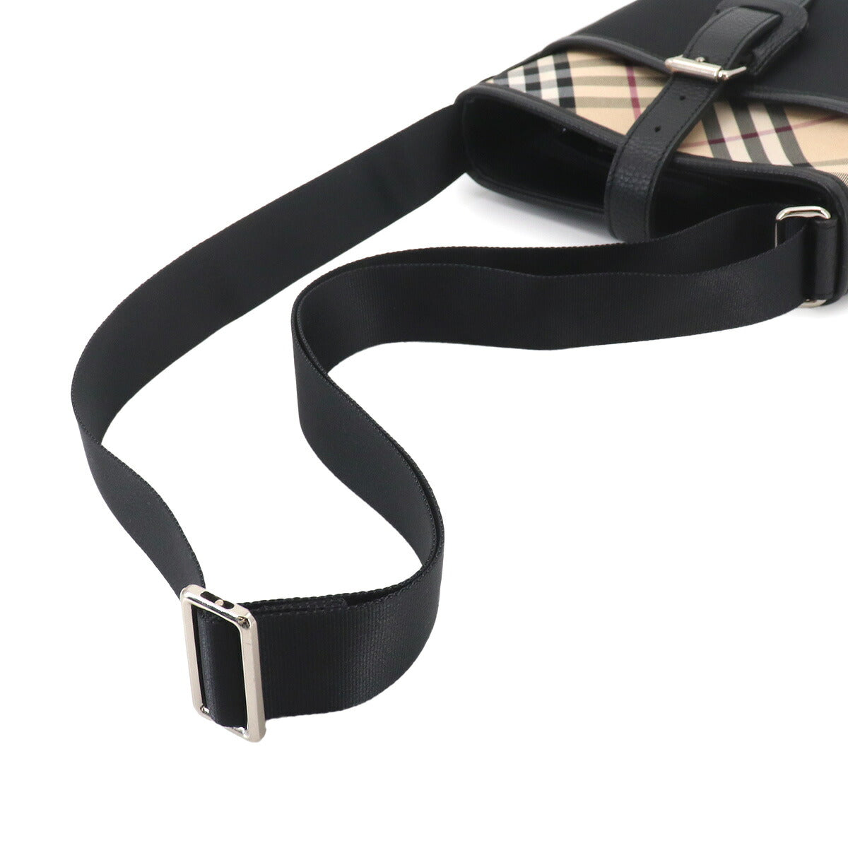 Plaid Shoulder Bag Canvas Leather Black Beige Purse