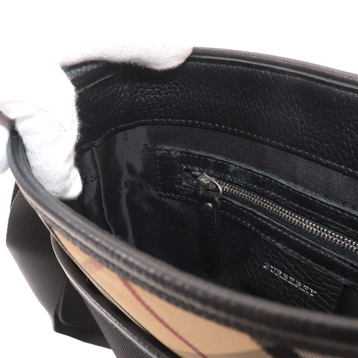 Plaid Shoulder Bag Canvas Leather Black Beige Purse