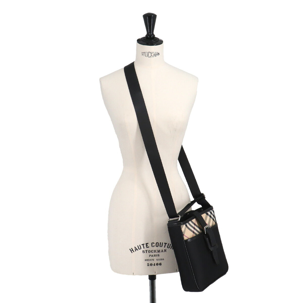 Plaid Shoulder Bag Canvas Leather Black Beige Purse