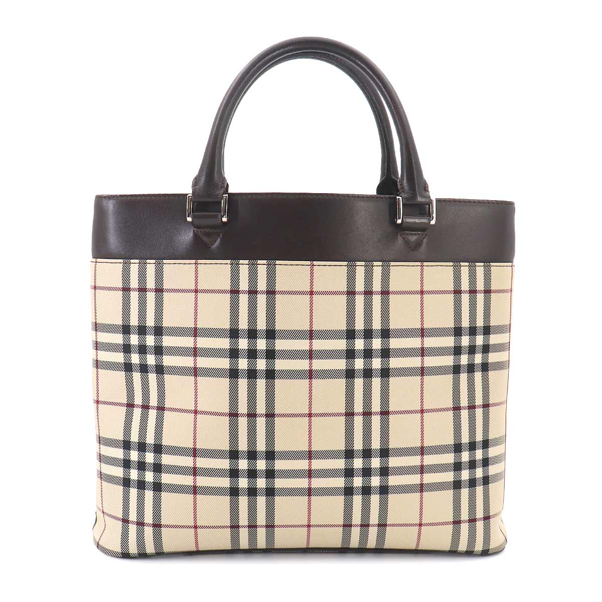 Plaid Hand Bag Canvas Leather Beige Dark brown Purse