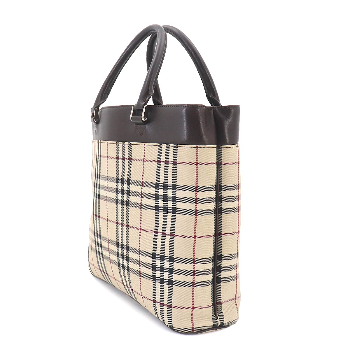 Plaid Hand Bag Canvas Leather Beige Dark brown Purse