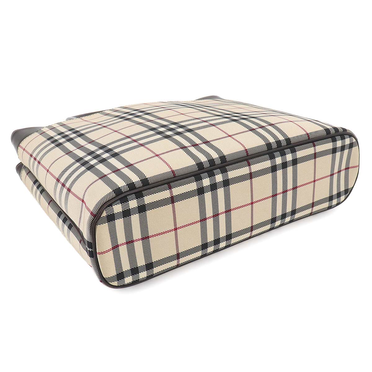 Plaid Hand Bag Canvas Leather Beige Dark brown Purse