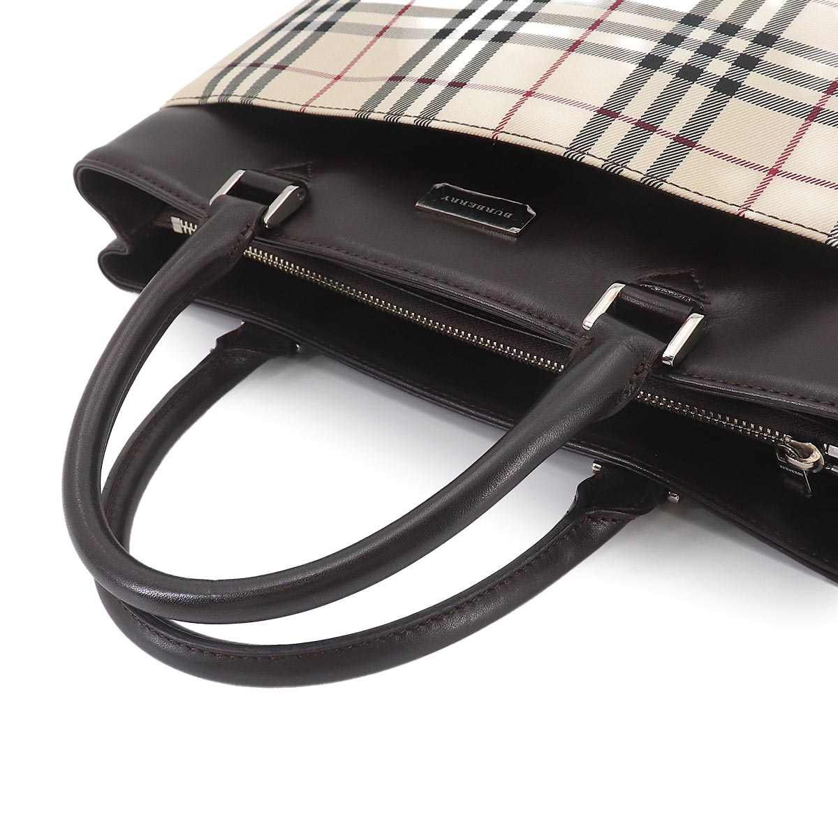 Plaid Hand Bag Canvas Leather Beige Dark brown Purse