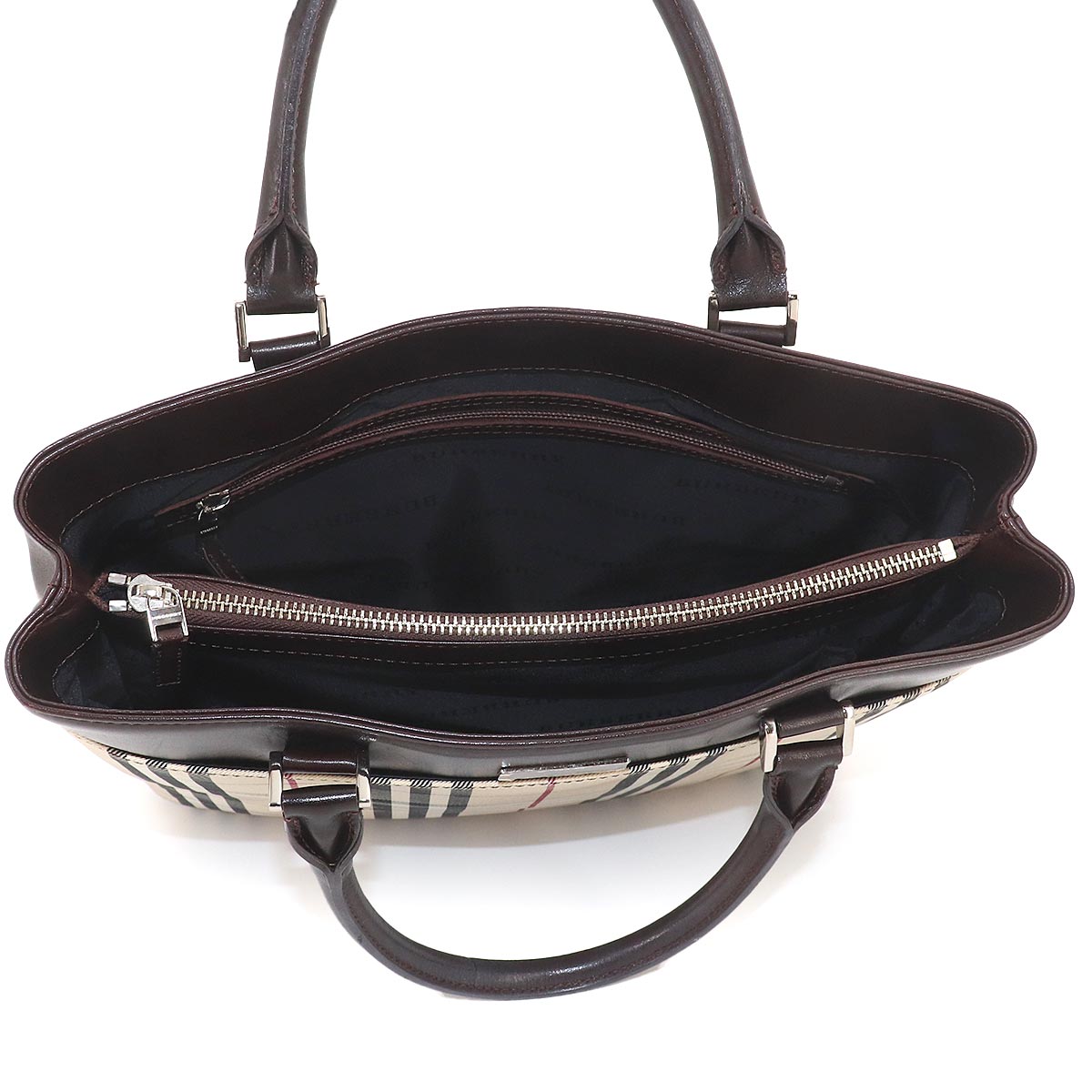 Plaid Hand Bag Canvas Leather Beige Dark brown Purse