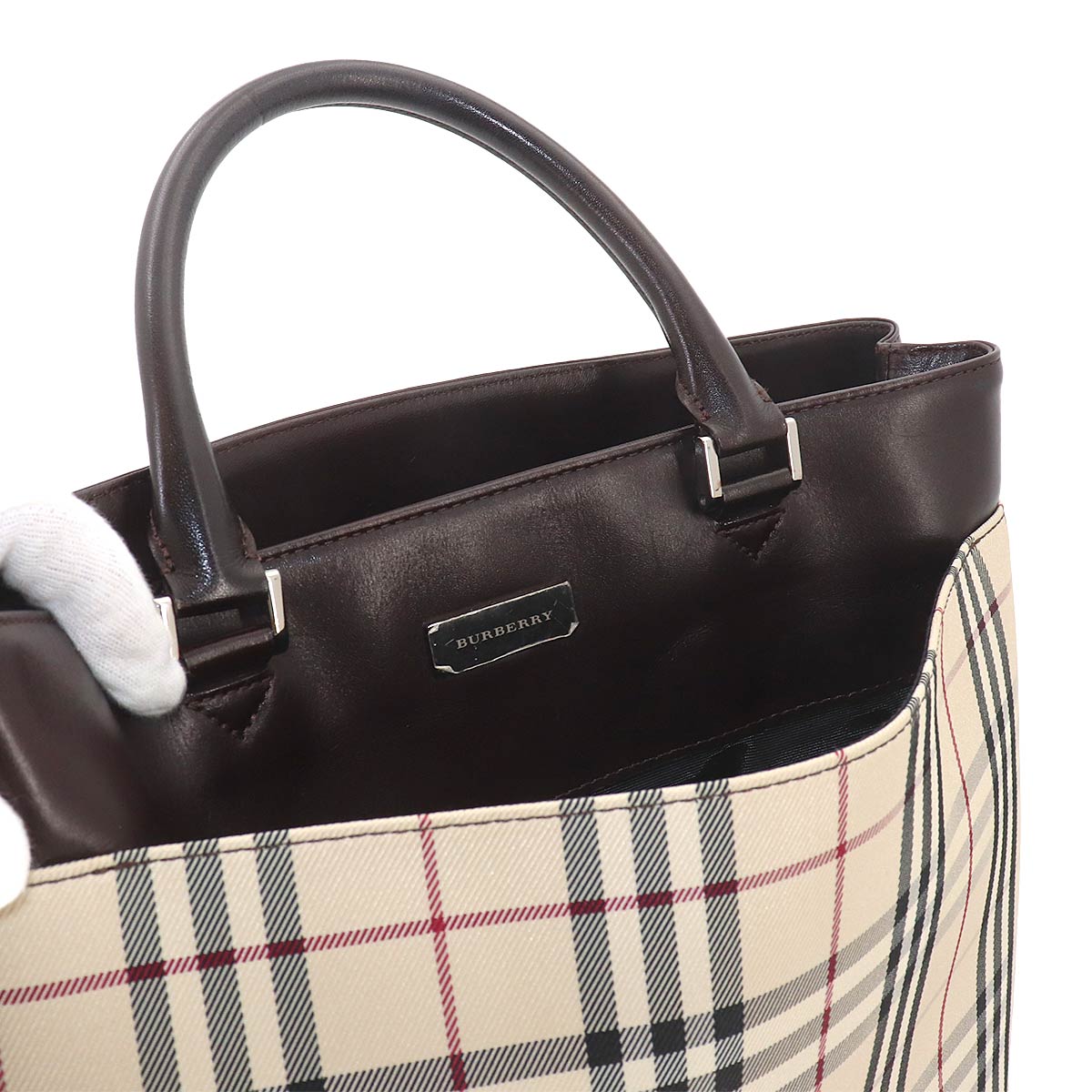 Plaid Hand Bag Canvas Leather Beige Dark brown Purse