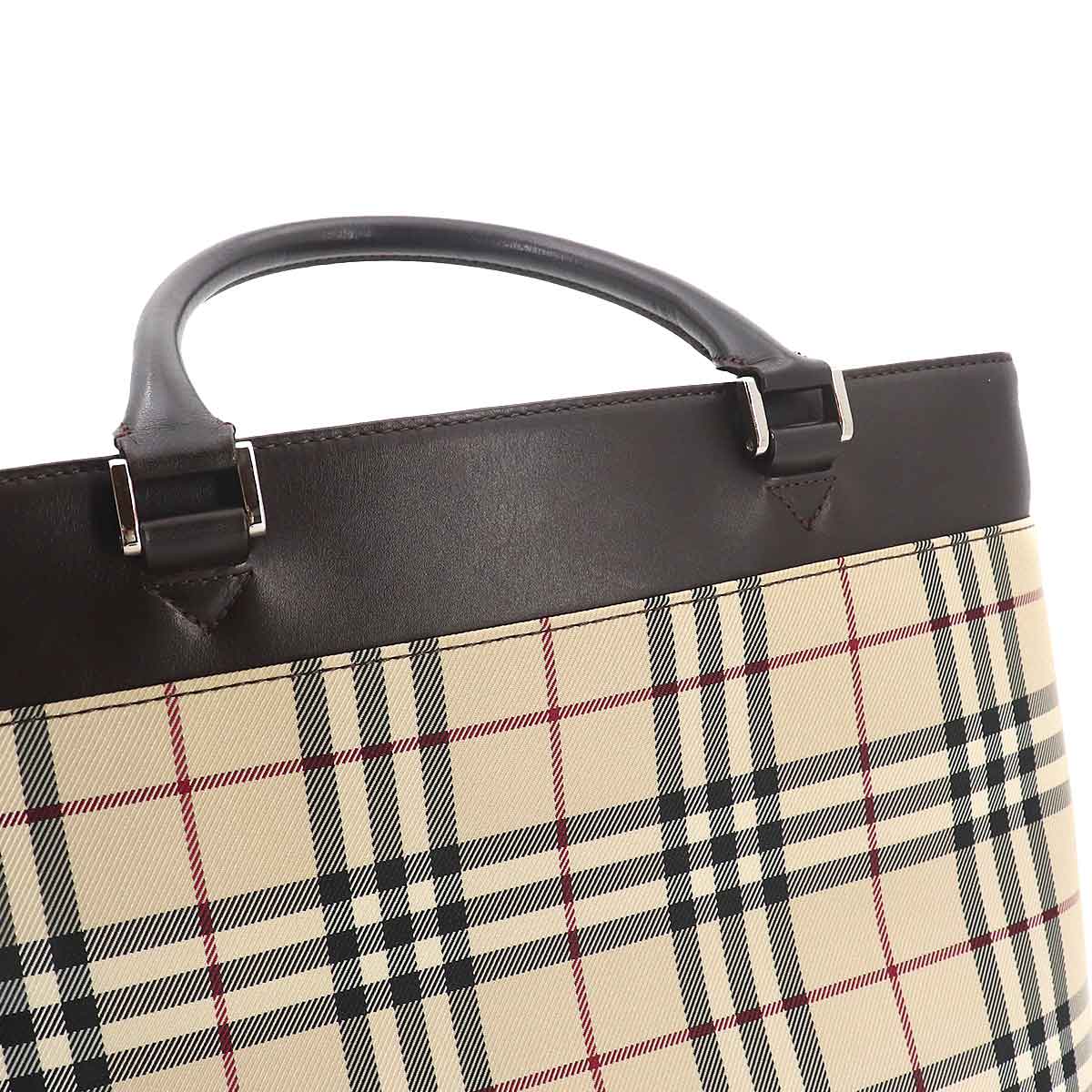 Plaid Hand Bag Canvas Leather Beige Dark brown Purse