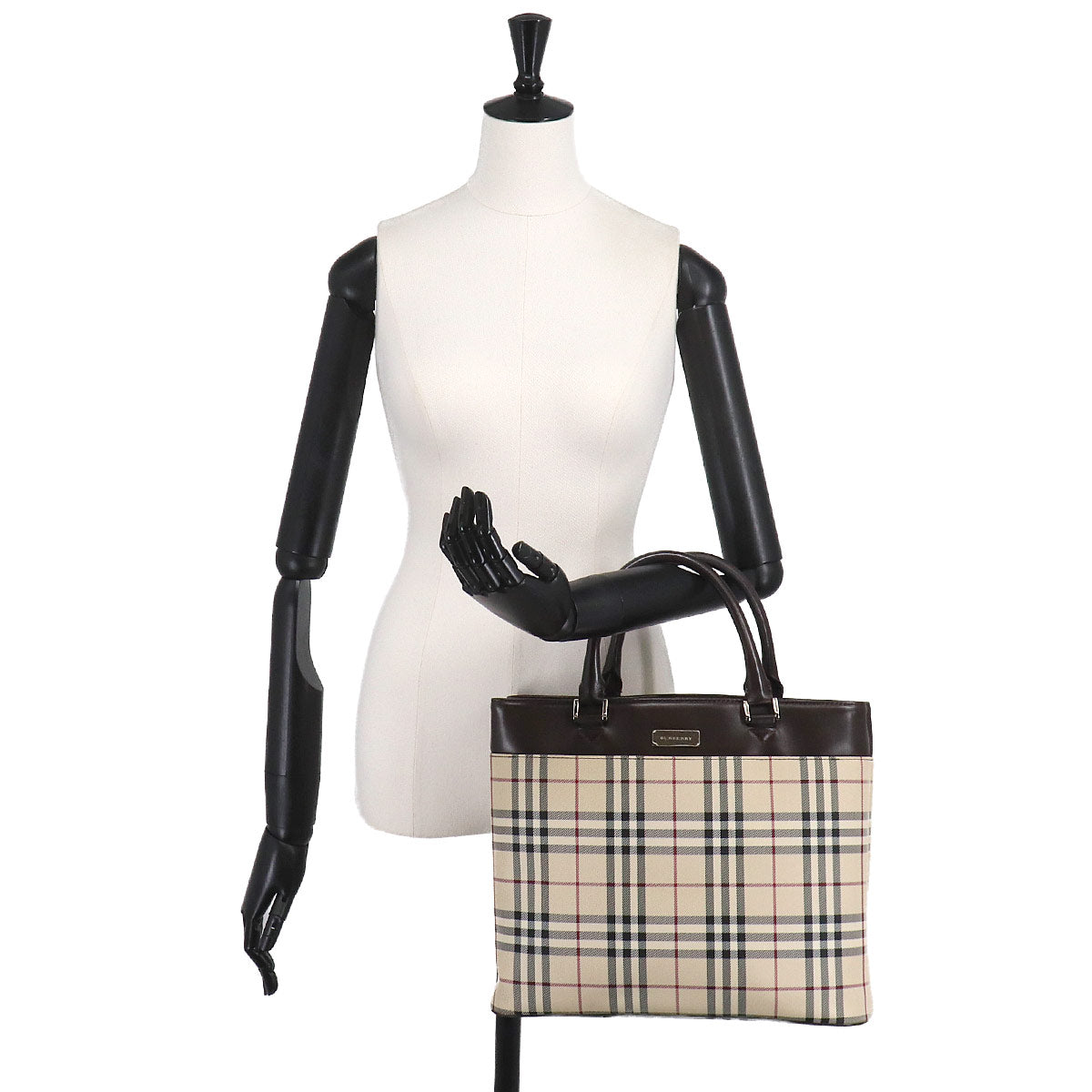 Plaid Hand Bag Canvas Leather Beige Dark brown Purse