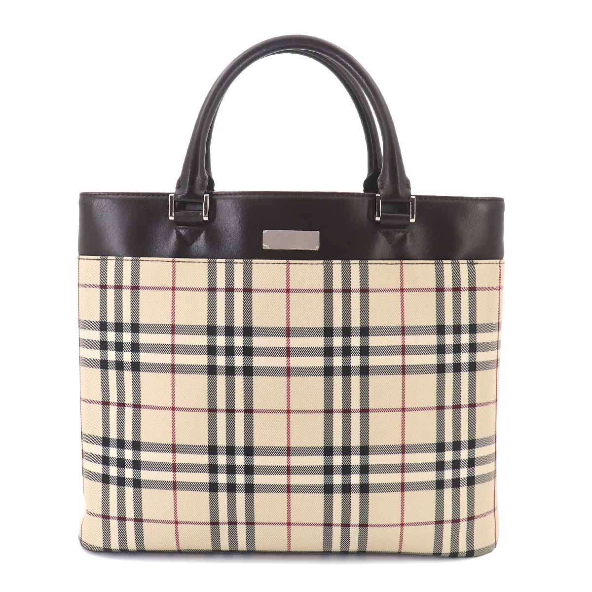 Plaid Hand Bag Canvas Leather Beige Dark brown Purse